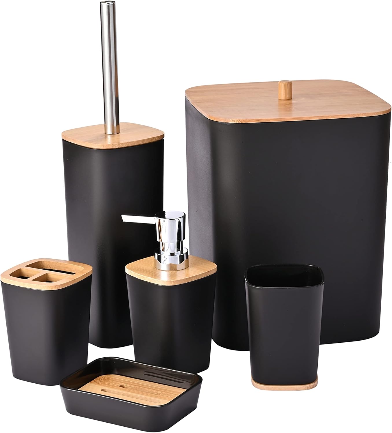 Yorkmills 6 Pieces Bamboo Bathroom Accessories set, Luxury Bathroom Accessory Set, Bathroom Bin And Toilet Brush Set, Toothbrush Holder Tumbler Soap Dish Trash Can Soap Dispenser Bath Set Gift