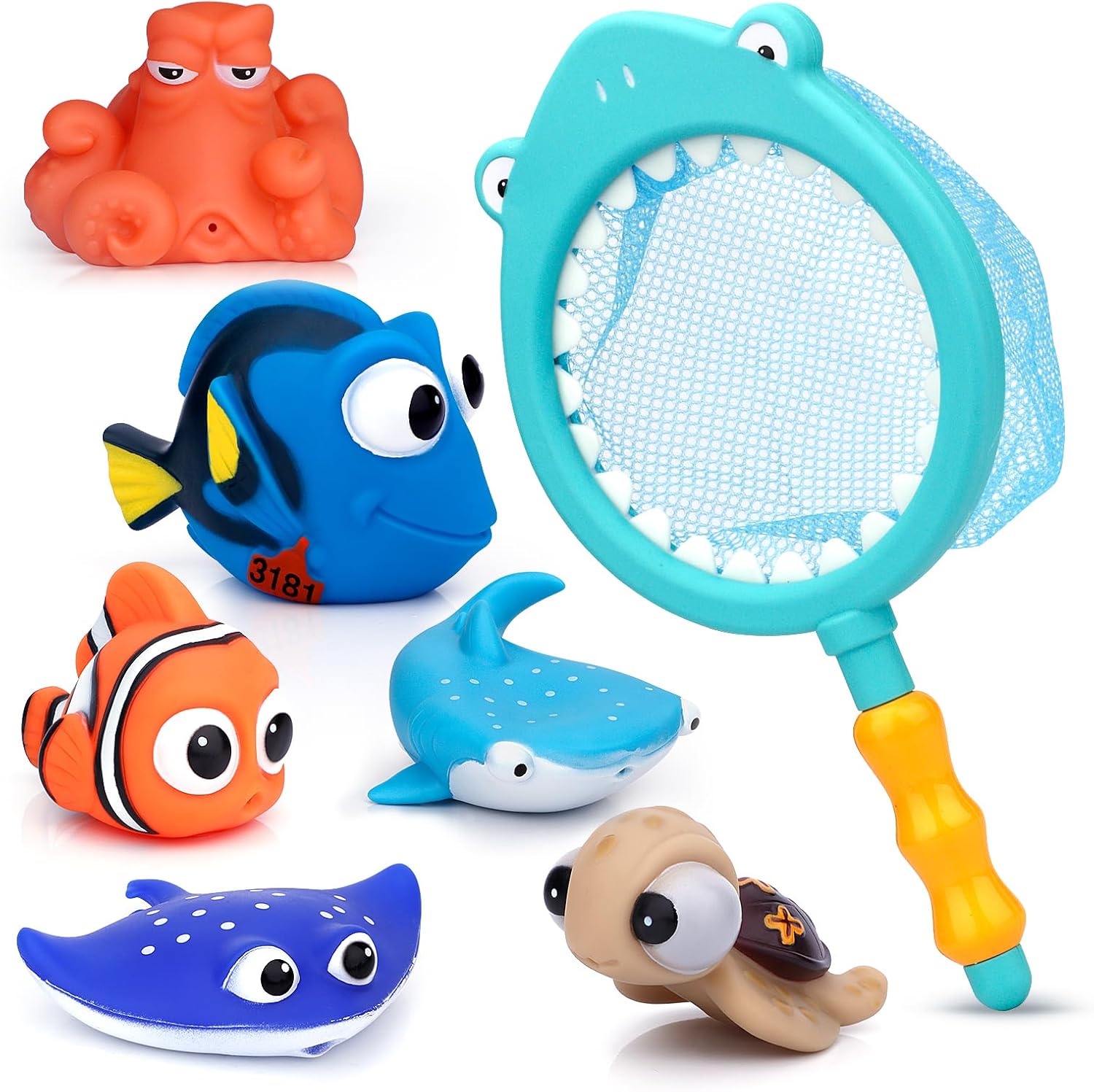 Anzmtosn Water Bath Toys Swimming Pool Baby's Shower Time Cute Fish Toys Happy Water Squirt Spray Bathtub Baby Children Educational Learning Toys, Holiday Stocking Stuffer (6 PCS with Fishing Net)