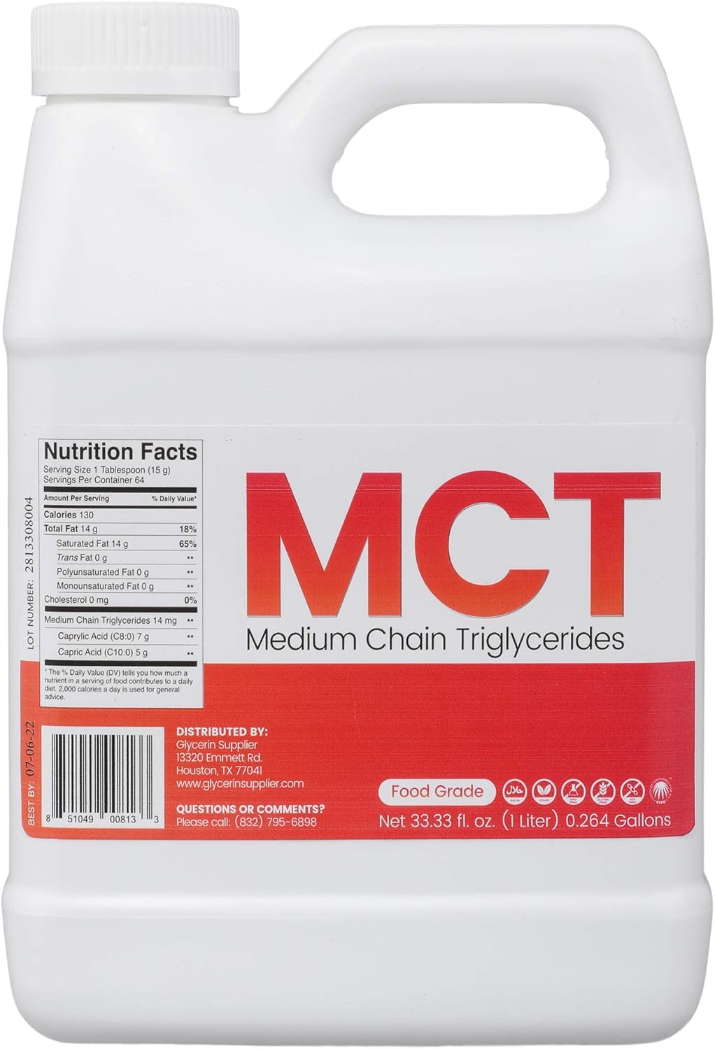 MCT Oil - 1 Liter (33.33 Oz.) Food Grade - Non GMO - Halal - Vegan - Sustainable Palm Derived - for Tinctures, Sports Nutrition, Keto or Paleo Diet, Clean Energy