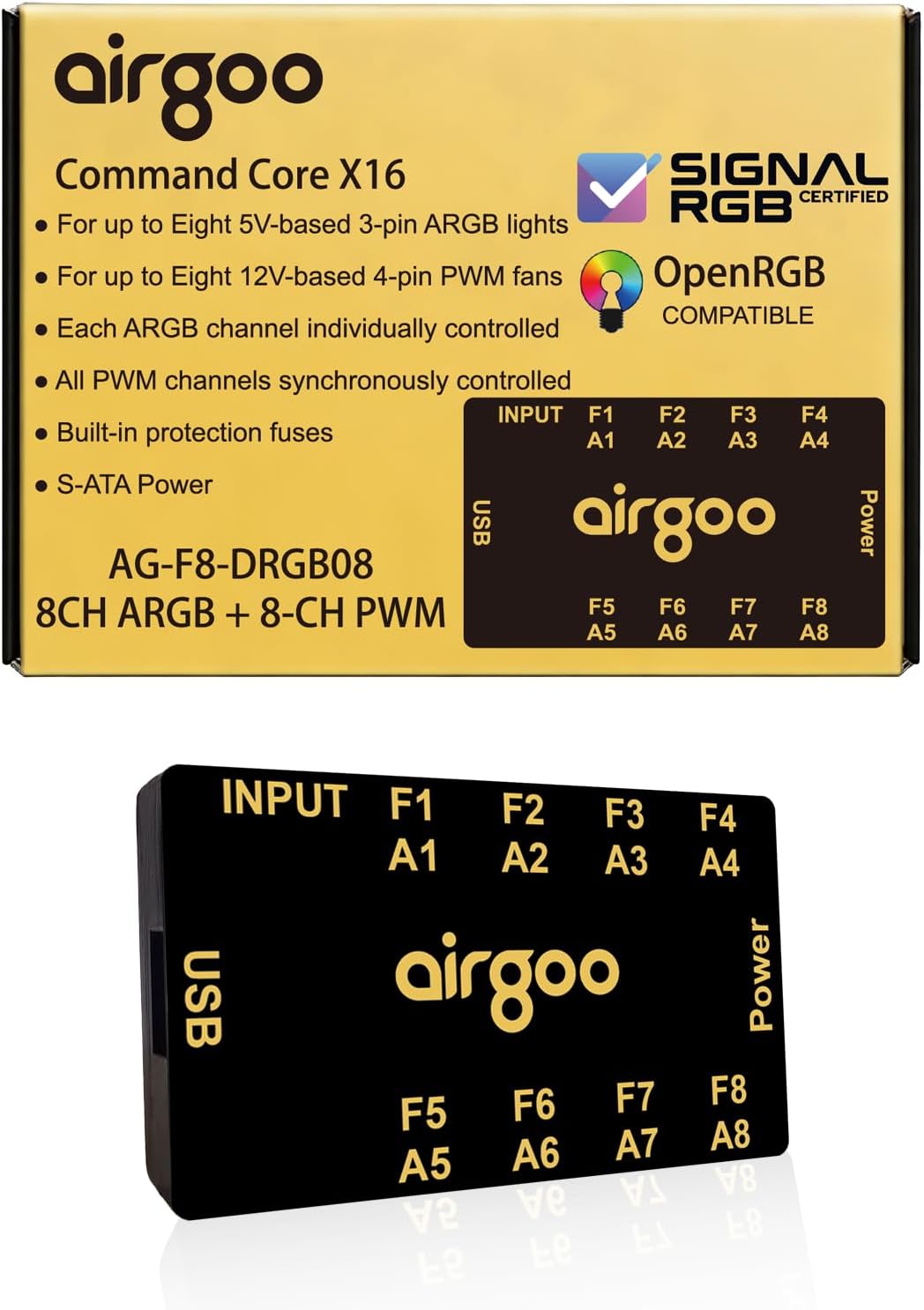 Airgoo Command Core X16, Magnetic 8-Channel ARGB Controller & 8-Channel PWM Fan Hub 2 in 1, Compact SATA Powered PC Lighting & Fan Hub for Mid-Tower Cases, SignalRGB & OpenRGB Compatible, AG-F8-DRGB08