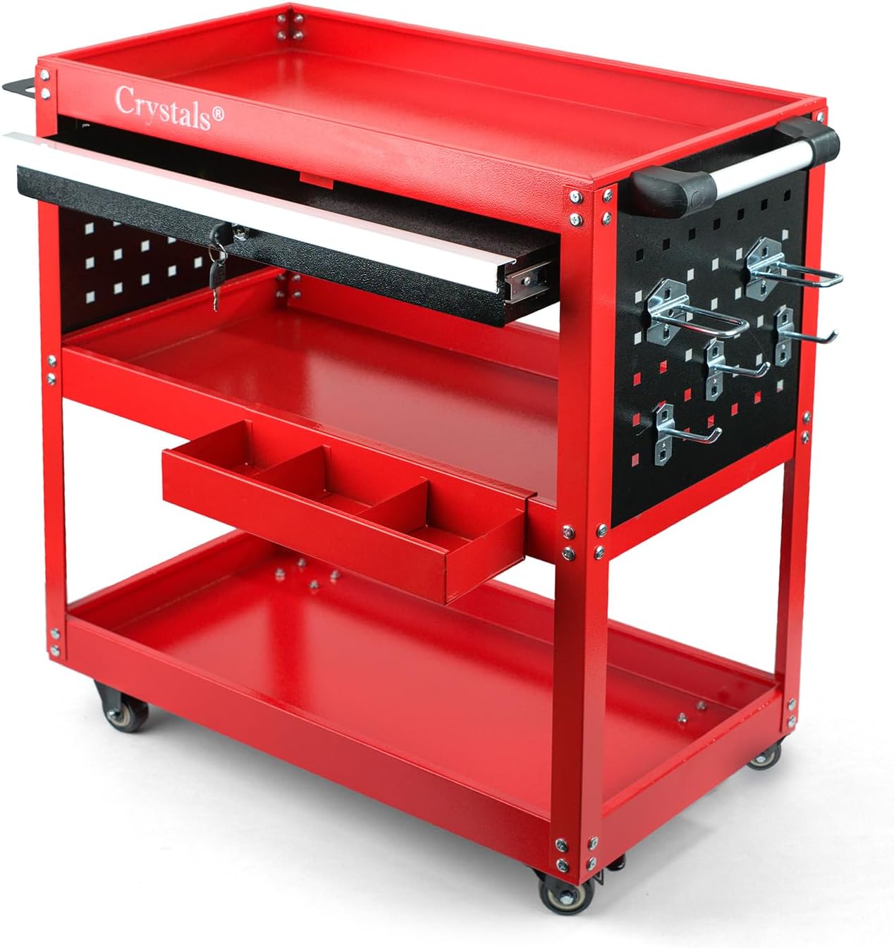 Crystals 3-Tier Heavy Duty Tool Trolley Cart on Wheels – Workshop & Garage Service Cart with Drawer – Tool Storage Organiser with Lockable Wheels - Garage Tool Service Cart with Handle - Workshop DIY