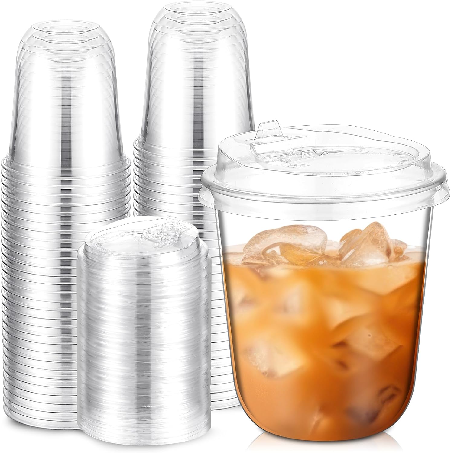 Baderke 50 Sets Crystal Clear Plastic Cups With Lids, Disposable Iced Coffee Cups with Lids for Smoothie, Cold Beverages, Drinking Cups, Cold Drinks for Party, Wedding, Event(Clear,12 oz)