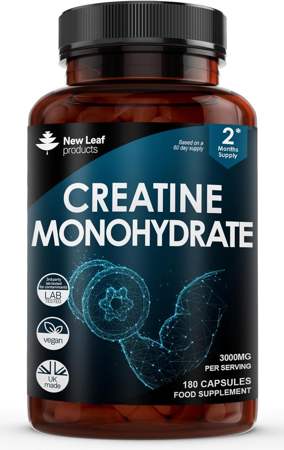 Creatine Monohydrate Capsules 3000mg - 180 Creatine Capsules - Exercise Workout Gym Supplement for Men & Women - Creatine Monohydrate Powder (Not Tablets) (3 per Serving) Vegan Friendly 2 Months