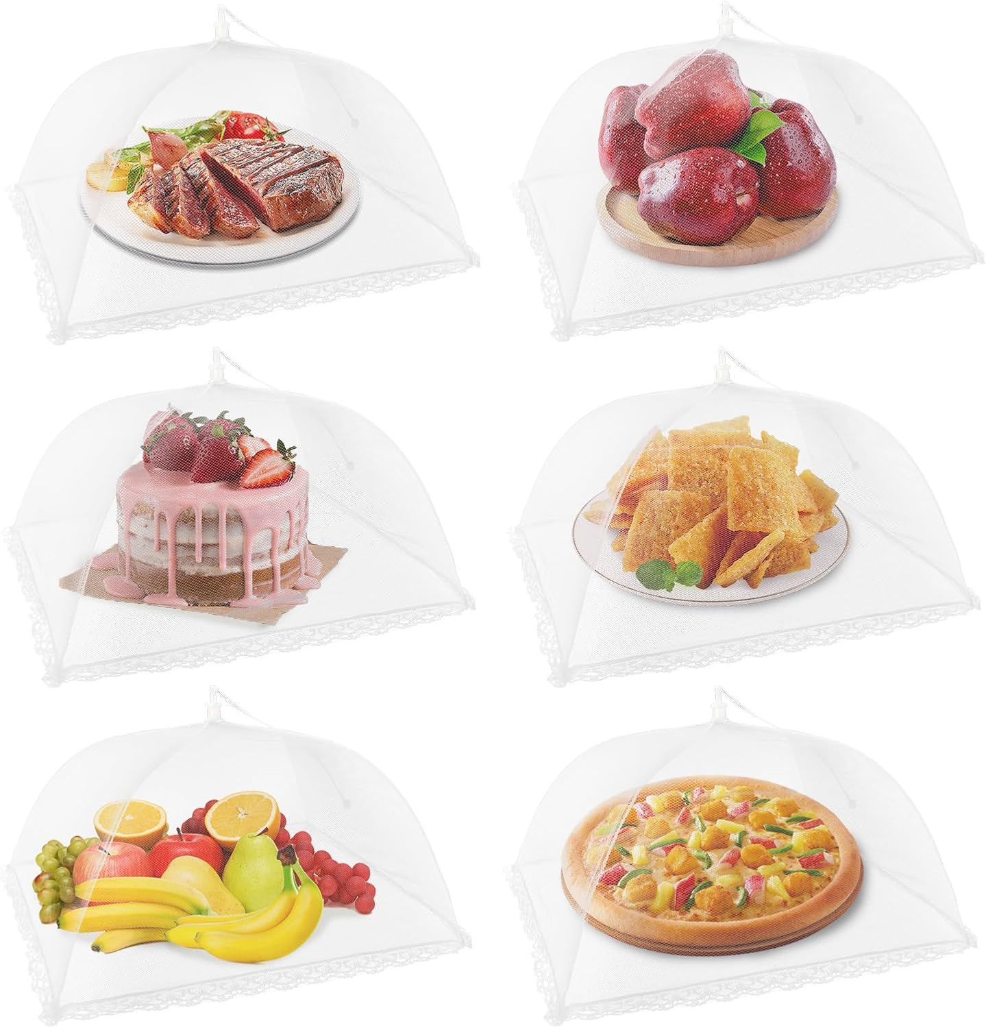 NEPAK 6Pcs Food Covers Mesh Pop Up, 17"x17" Food Tents Food Net Cover for Outdoors, Food Covers Mesh for Outside,Screen Tents for Party,Picnics, BBQ,Reusable and Collapsible