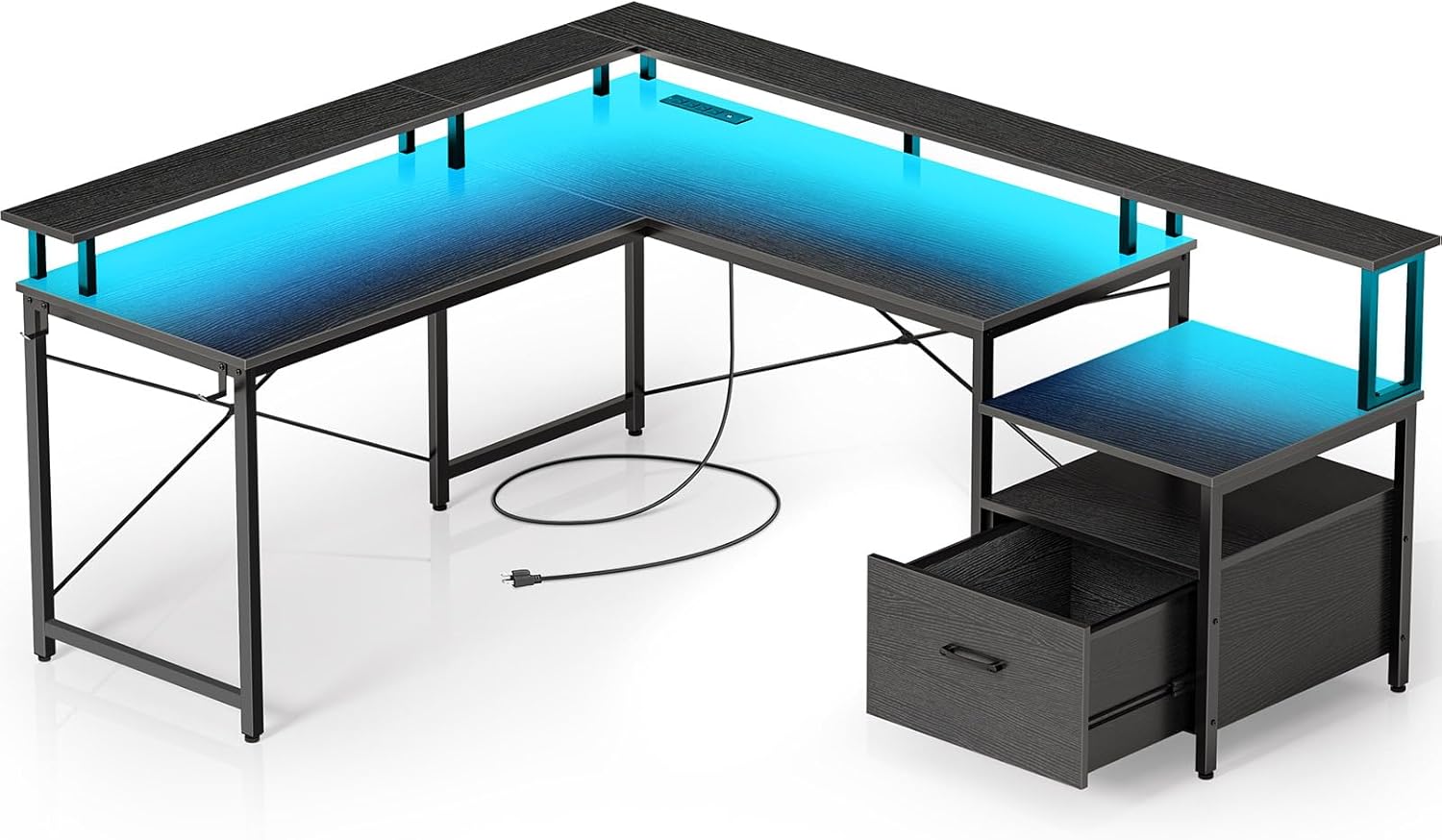 Rolanstar L Shaped Gaming Desk with Drawers, 64" Reversible Computer Desk with Power Outlet & LED Strip, Corner Desk with File Cabinet & Monitor Stand, Home Office Desk, Black
