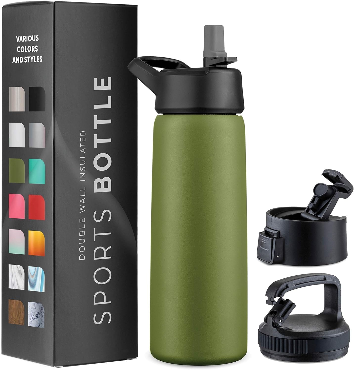 750ml Triple Walled, Insulated Water Bottles with Straw - Stainless Steel Metal Bottle W/ 3 Leak Proof Lids - For Travel, School, Sports, Gym/Men, Women (Army Green)