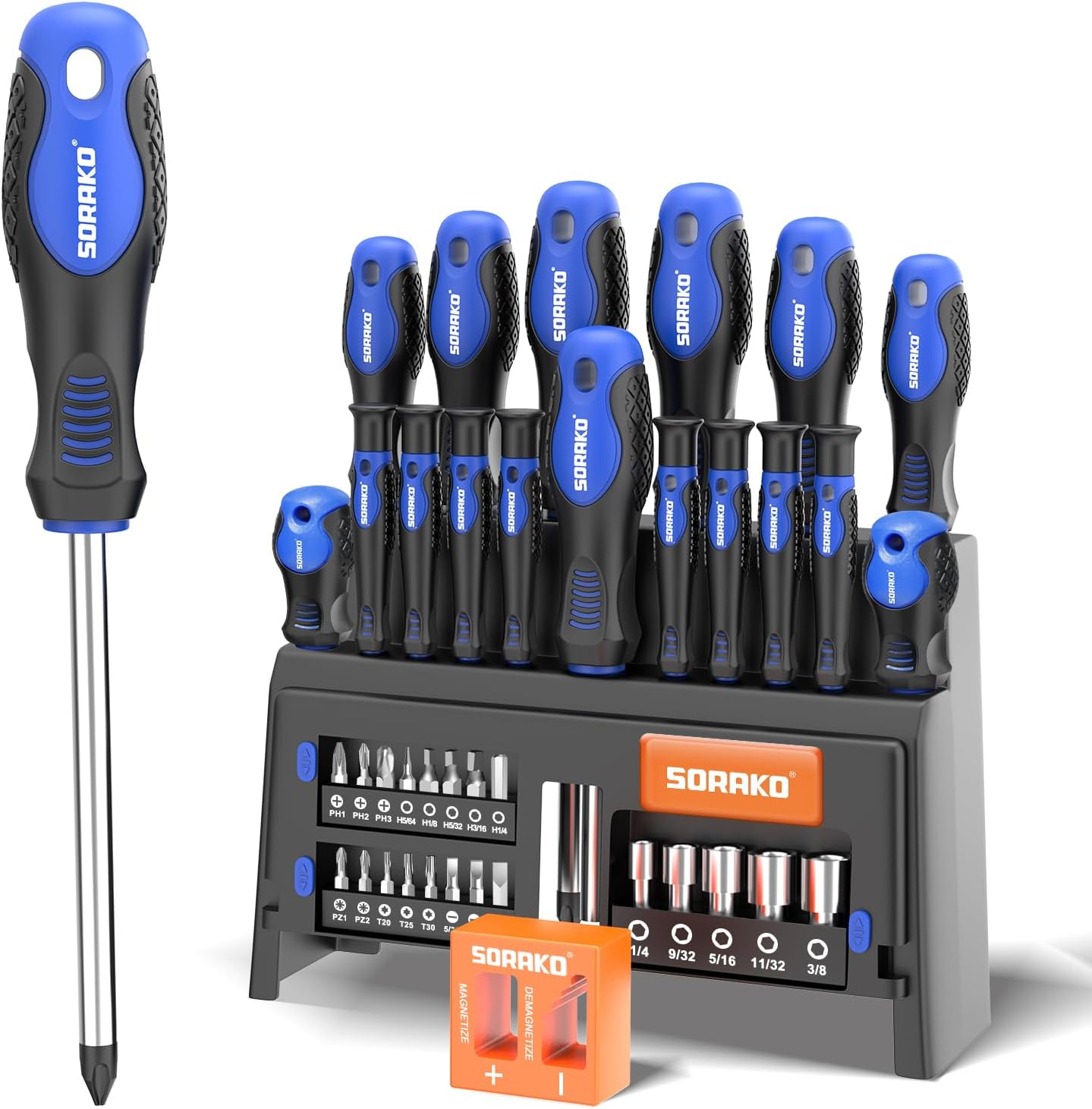SORAKO 40 Pcs Screwdriver Set,Heavy Duty Chrome Vanadium Steel Made,Magnetic Screwdriver with Flathead and Phillips Heads and Storage Racks for Home,Office, and Farm Maintenance