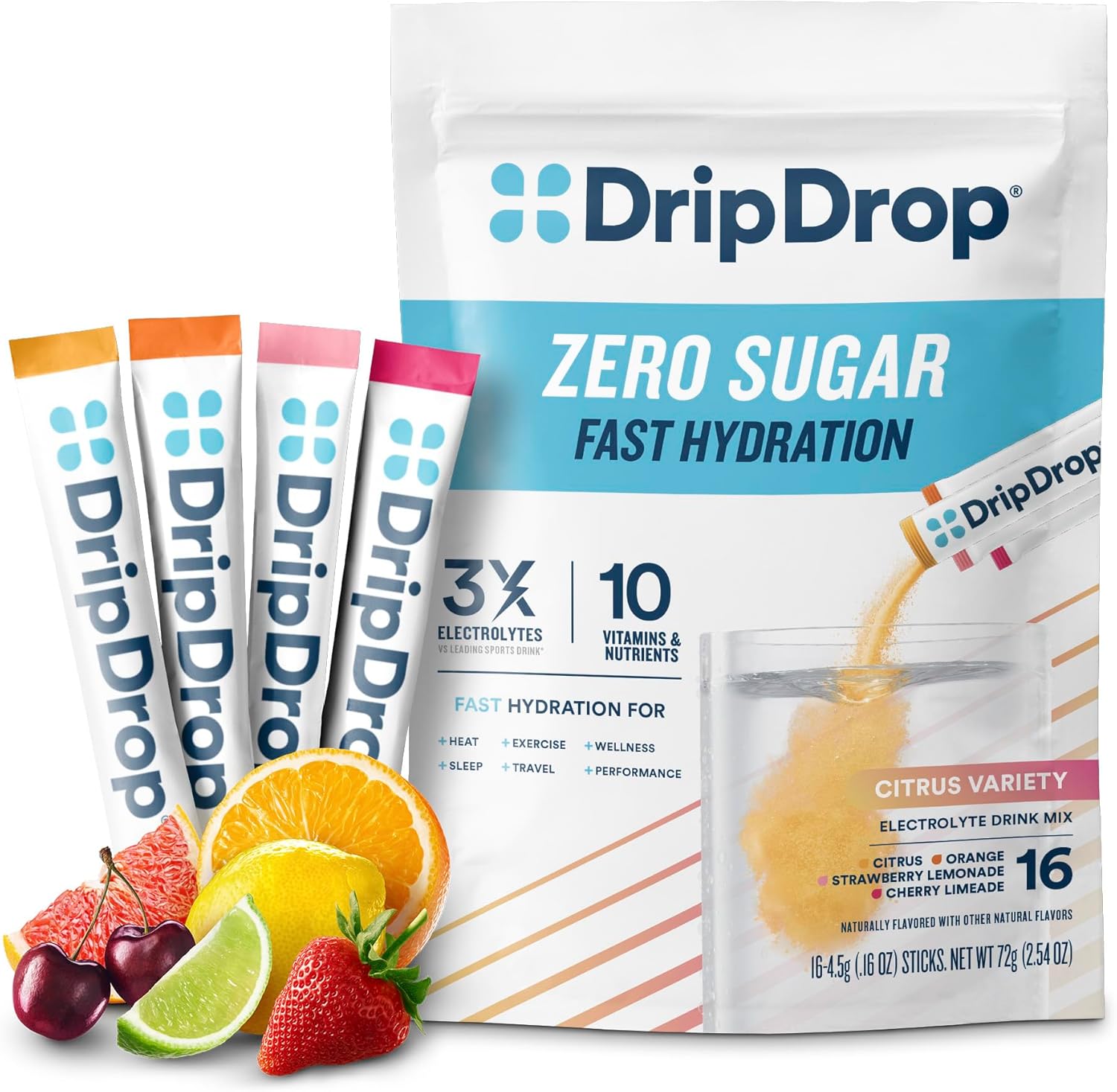 DripDrop Sugar Free Hydration Packets - Zero Citrus Variety Pack - Single Serve Electrolytes Powder Drink Mix - Cherry Limeade, Citrus, Orange, Strawberry Lemonade - Non-GMO, Gluten Free - 16 Sticks