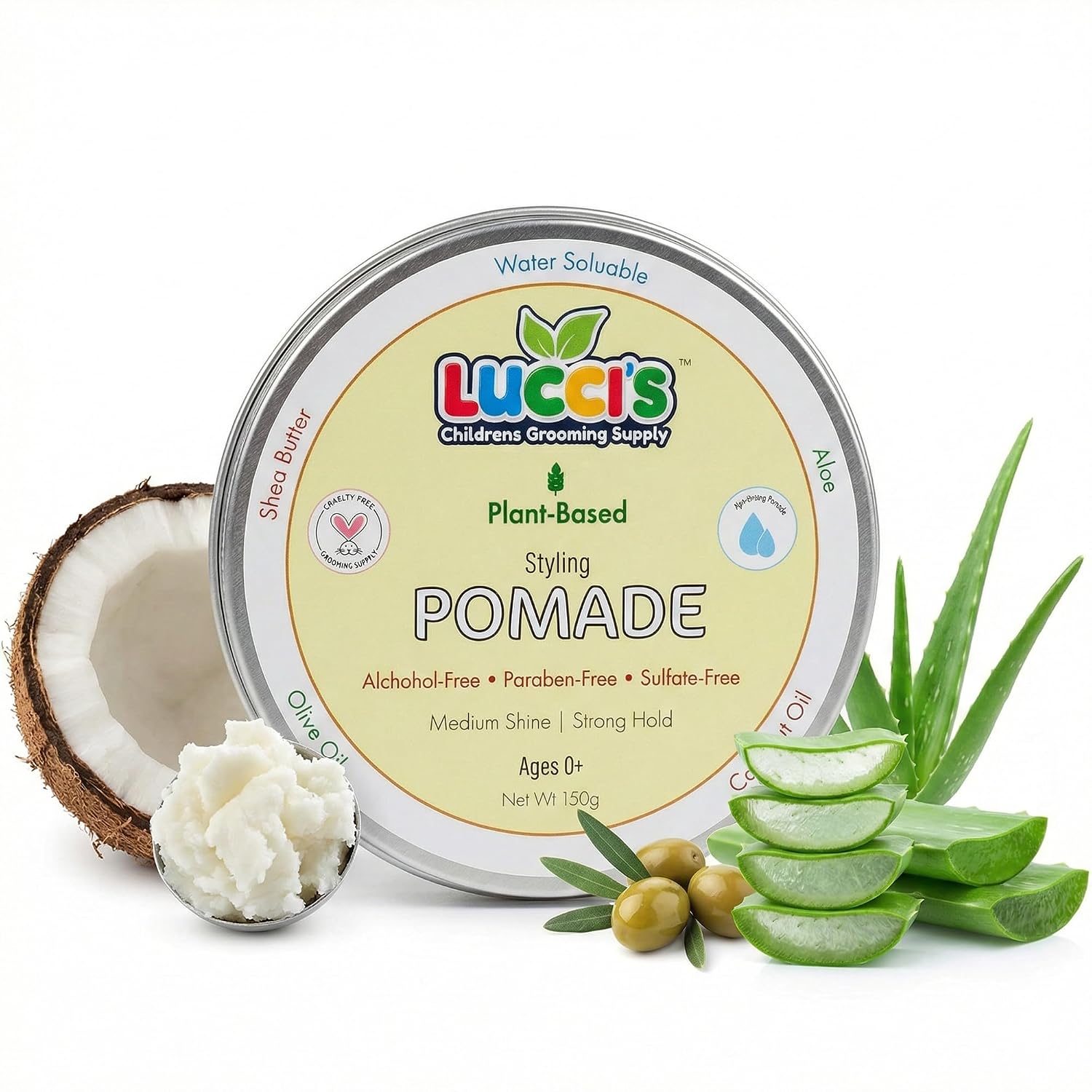 LUCCI’S CHILDRENS GROOMING SUPPLY Baby Hair Gel – 5oz Plant-Based Styling Hair Pomade for Infants – No Parabens or Sulphates – Medium Shine and Strong Hold Hair Paste for Kids