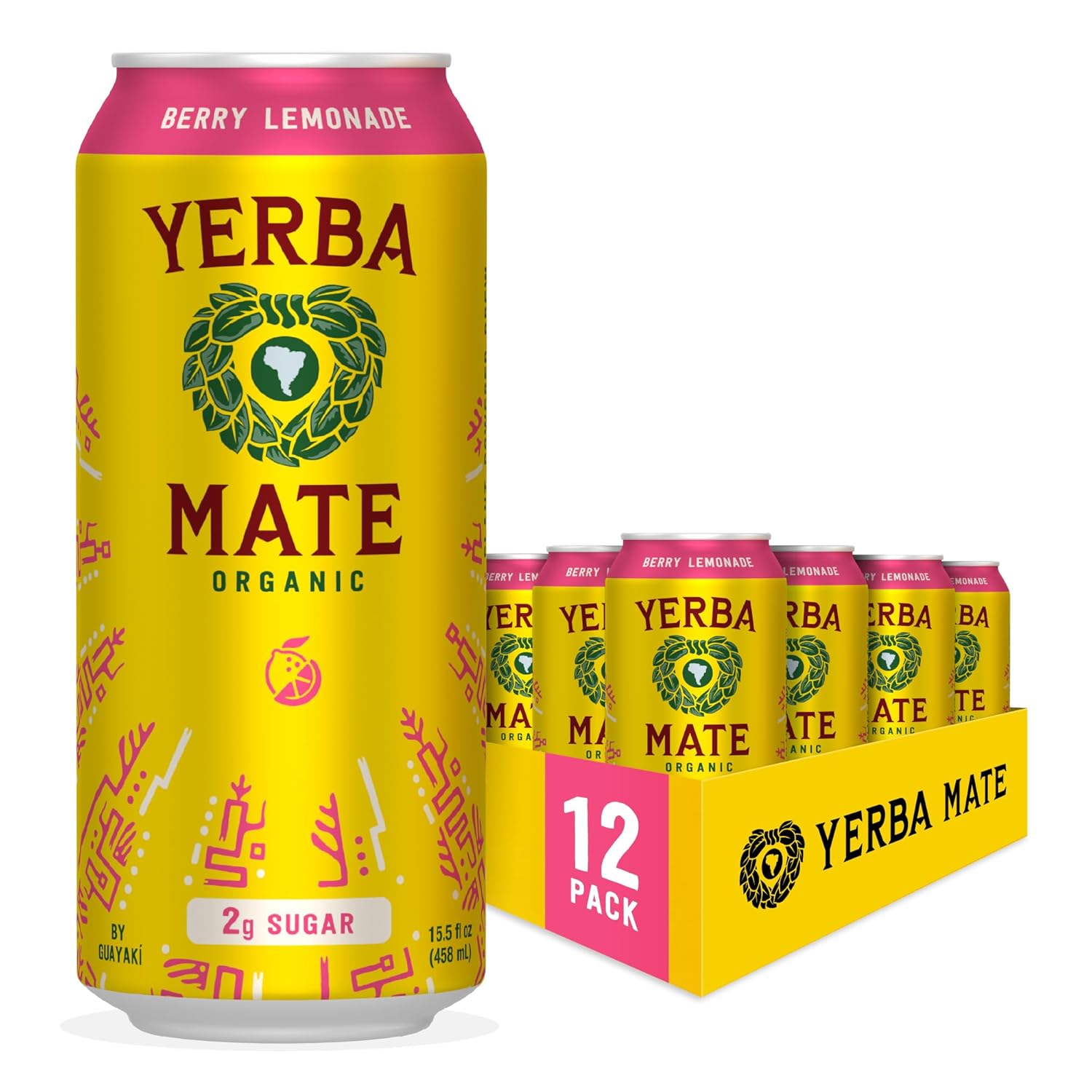 Yerba Madre Organic Yerba Mate, Energy Drink Alternative, Berry Lemonade, Low Sugar, 150mg Natural Caffeine, Better for You Energy & Focus, No Jitters or Crash, 15.5 Oz (Pack of 12) (Packaging May Vary)