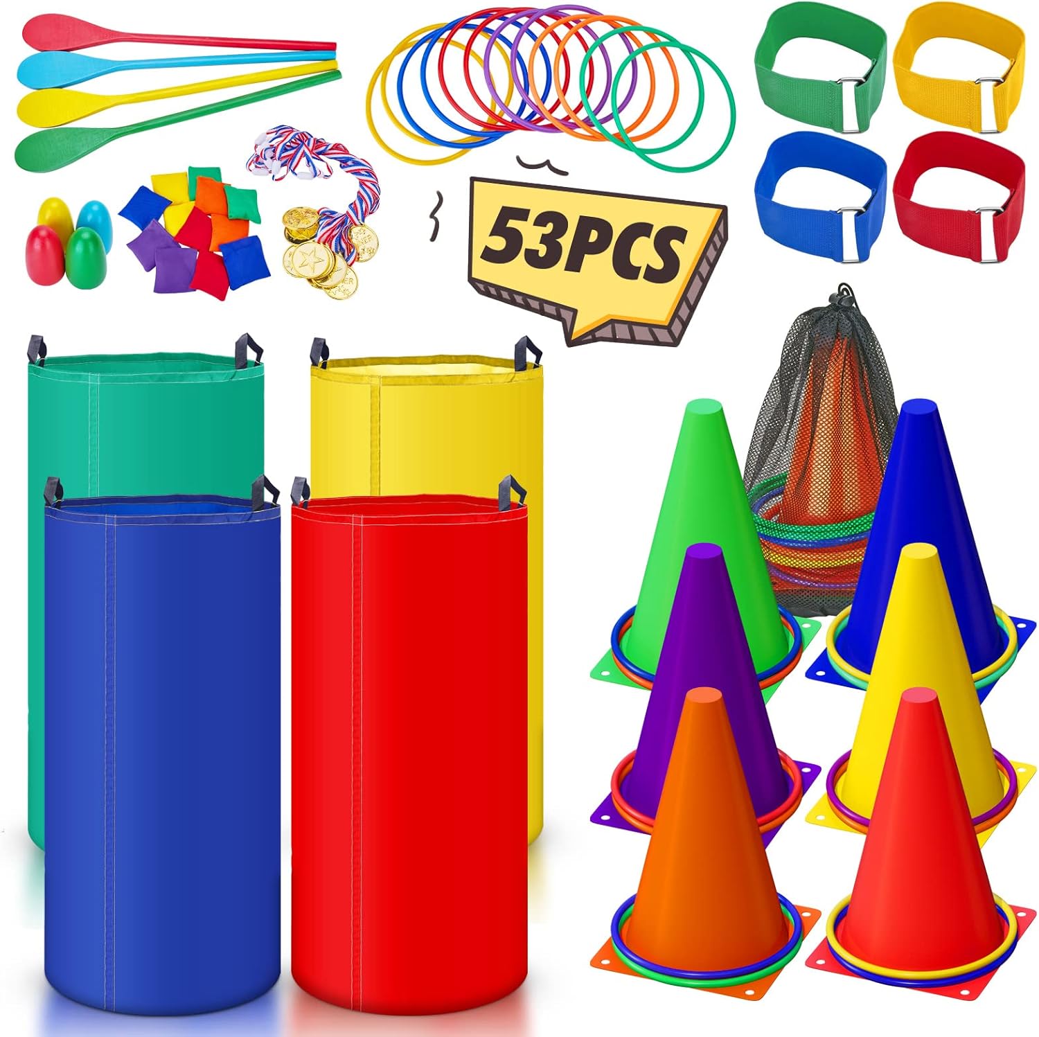 53PCS Outdoor Lawn Carnival Games Bean Bags Ring Toss Set Potato Sack Race Bags Egg and Spoon Race Party for Kid Adult Family，Birthday Party Family Reunion Outside Field Day Easter Games