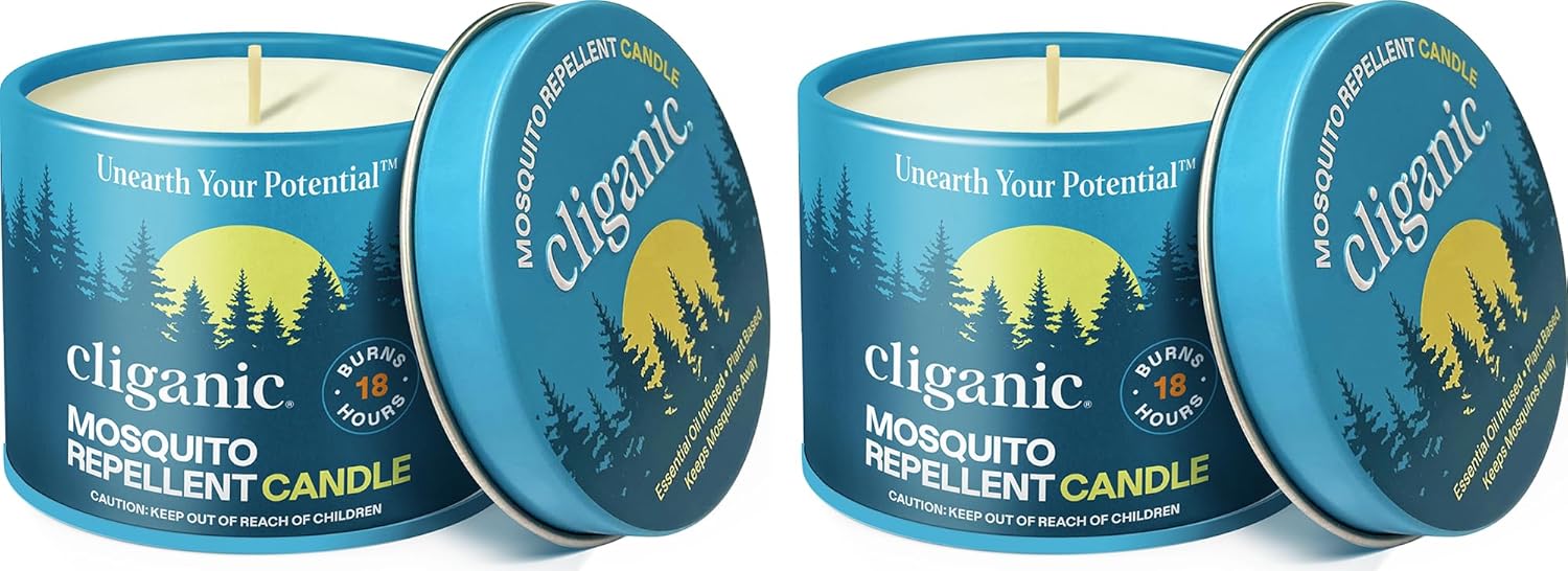 Cliganic Natural Mosquito Repellent Candle (Pack of 2) | Citronella, DEET Free, Essential Oil Infused for Outdoor, Camping | Burns 18 Hours