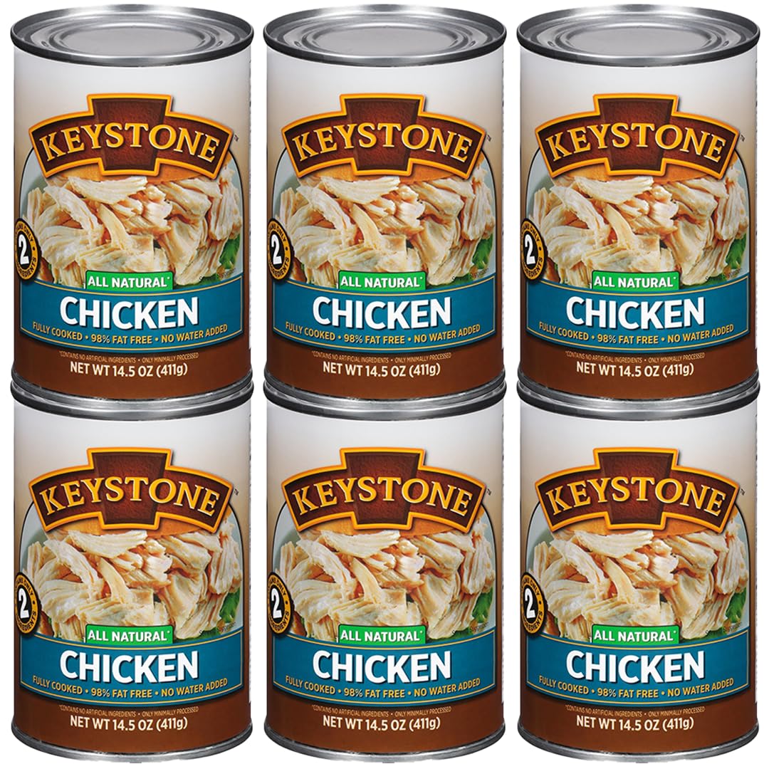Keystone Meats All Natural Heat and Serve Canned Chicken 14.5 oz – Fully Cooked Canned Meat – 98% Fat Free – Shelf Stable with 5-Year Shelf Life – Premium Pantry Staple for Everyday Meals – Emergency Survival Canned Food – Ready to Eat – Gluten Free – Made in USA – Pack of 6