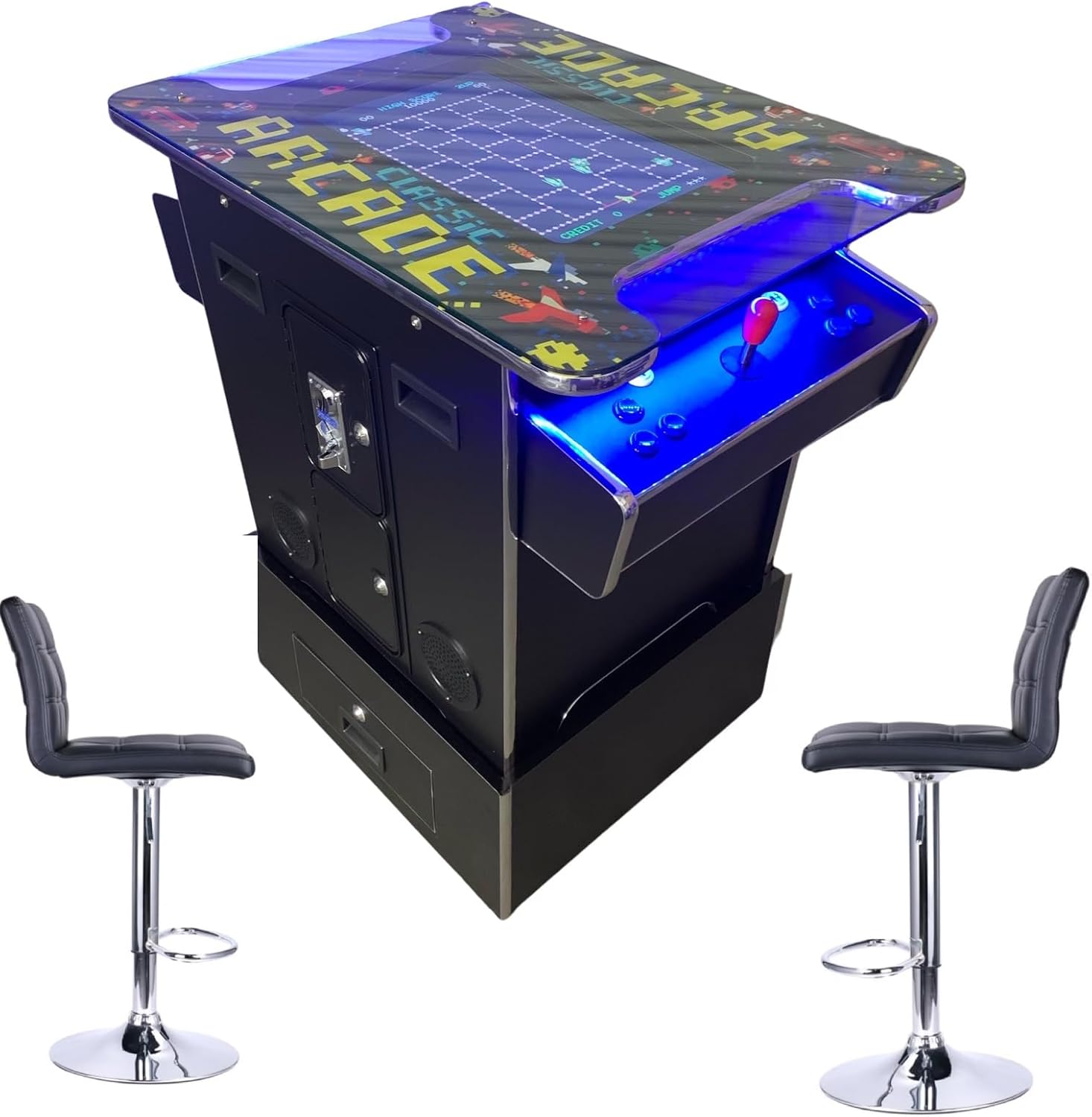 Full Size Commercial Grade Riser Combo Cocktail Arcade Machine 2 Player Retro 412 Games 22" LCD Screen Tempered Glass 2 Stools Included 5 Year Warranty Black