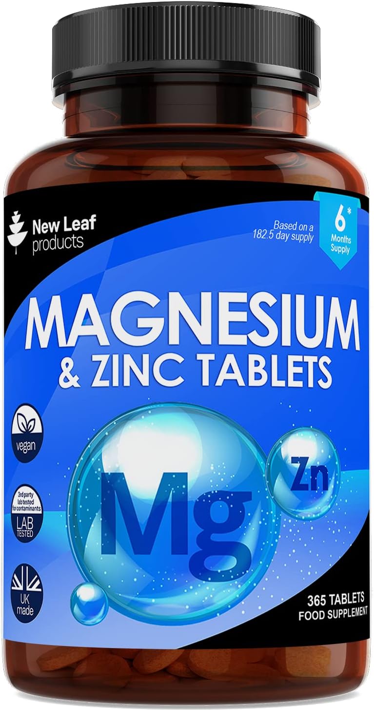 Magnesium Supplements with Zinc 365 Tablets – Bones, Muscle Immune Support Easy to Swallow Sleep Supplement Vegan, GMO-Free, Gluten-Free, UK Made by New Leaf