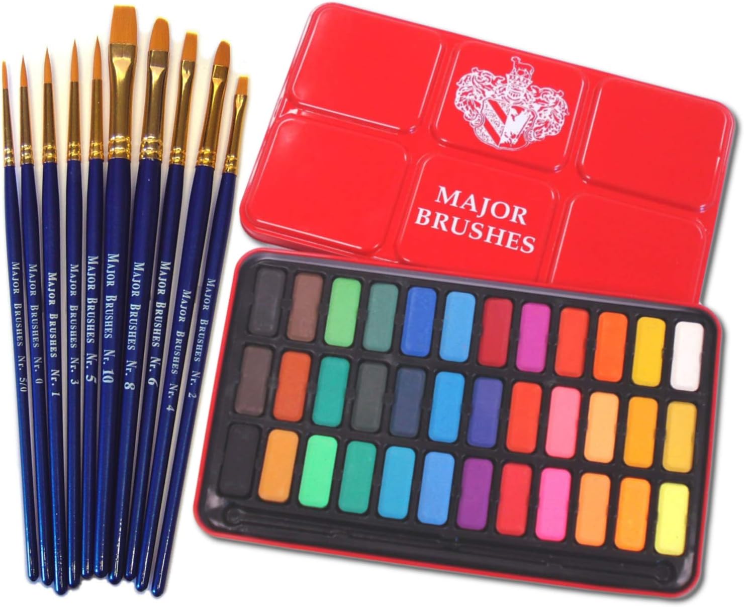 Major Brushes Artist Watercolour Paint 36 Blocks Red Metal Tin plus 10 Synthetic Sable Orange Brush Set - Round, Flat, Filbert