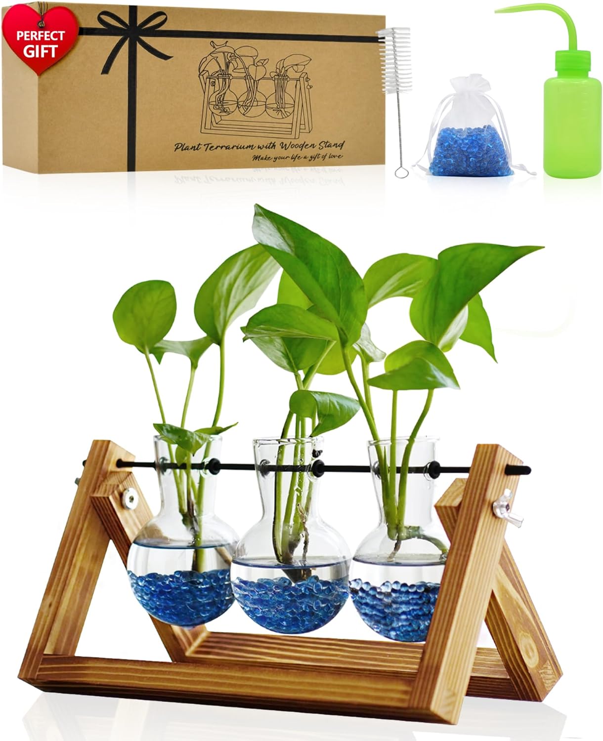 Nacome Plant Terrarium for Office Decor: Wooden Stand Tabletop Planter 3 Bulb Glass Vase Metal Swivel Holder for Hydroponics Indoor Home - Birthday Gifts for Women Mom Grandma