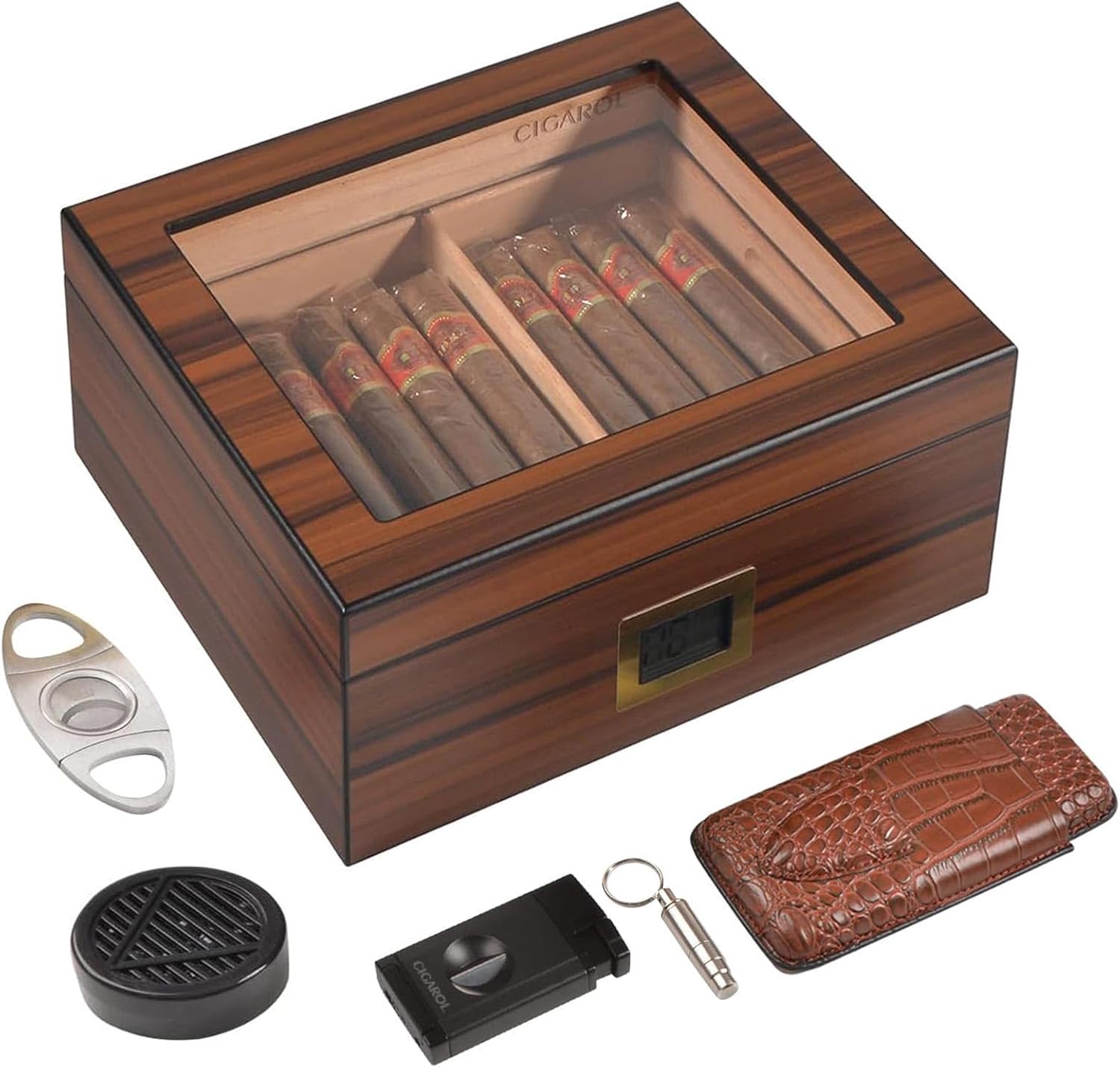 Volenx Luxurious Cigar Humidor, Handcraft Cigar Humidors Kits with Cutter and Lighter Black, Cigar Box Hold 30-50 Cigars 100% Cedar Wood Case with Digital Cigar Hygrometer/Travel humidor