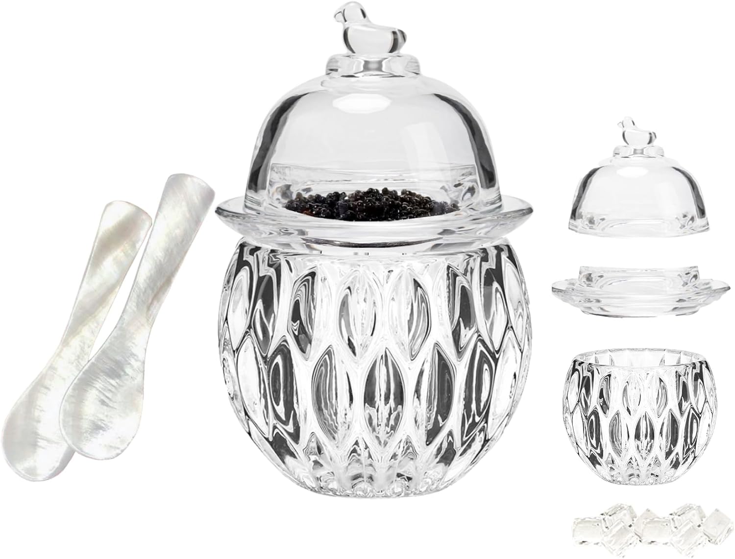 caviar serving set with 2 Pcs Mother of Pearl Spoons,Chilled bowl Glass Caviar Dish With Lids,ice bowls to keep food cold, Elegant Serving Tray for Caviar Shrimp and Party Appetizers(Leaf)
