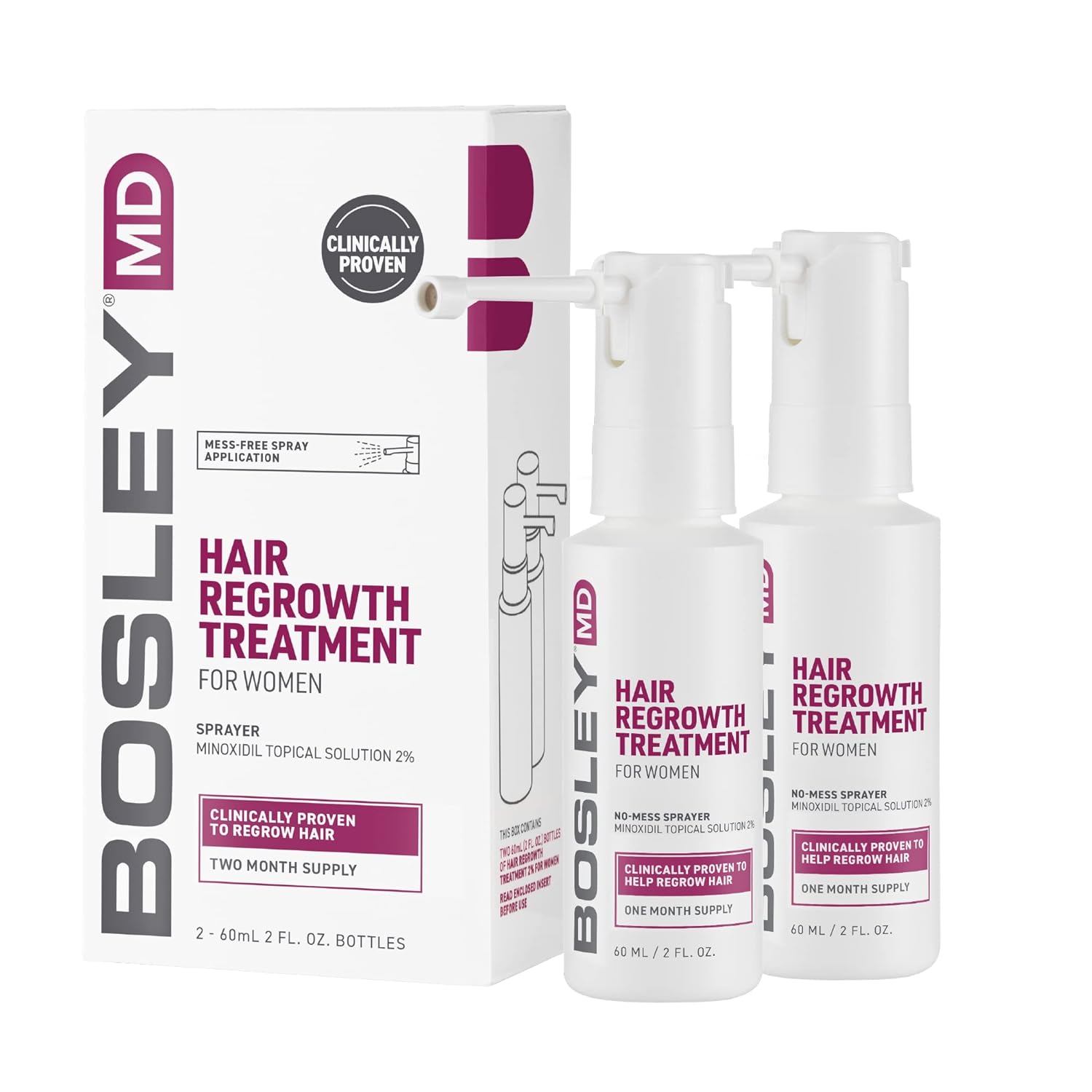 BosleyMD Minoxidil Spray, Extra Strength Thinning Treatment/Hairspray for Hair Loss and Hair Regrowth for Men and Women, Topical Solution, No Mess Sprayer, 2-Pack, 2-month Supply