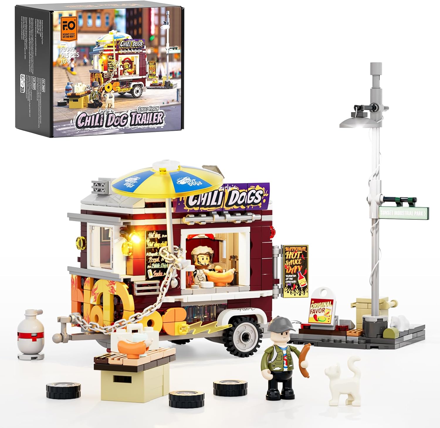 FUNWHOLE Chili Dog Trailer Lighting Building Bricks Set - City Food Truck Toy LED Street Module Building Kit 515 Pieces for Adults and Kids