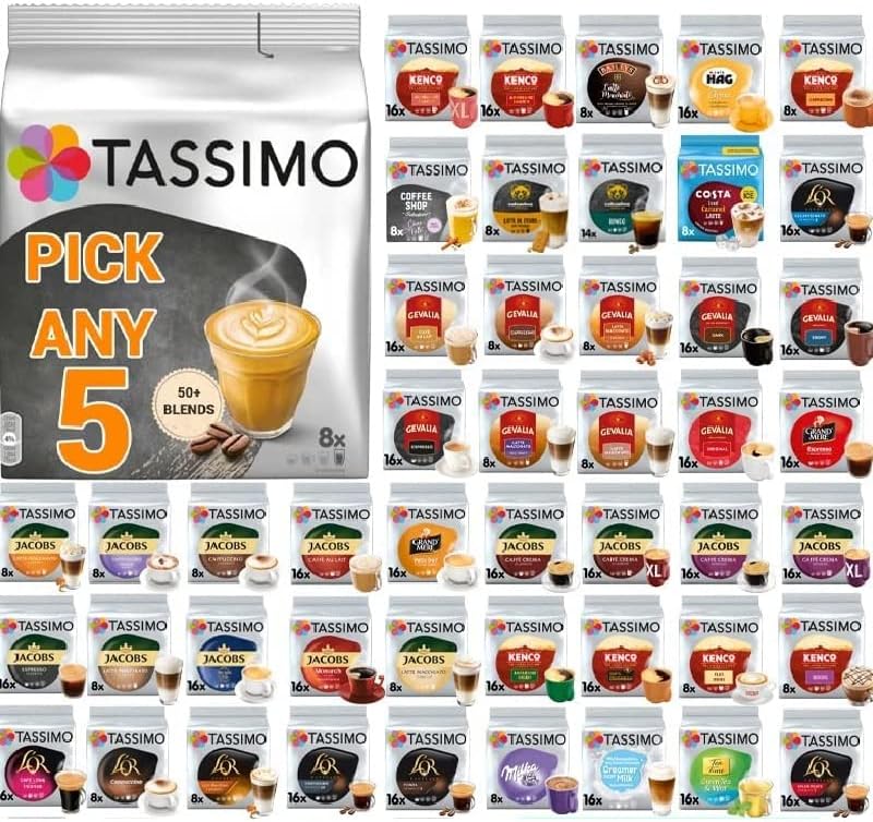Tassimo Coffee, Tea, Chocolate Pods. Pick Any 5 Packs from 50+ Blends Including Kenco, Costa, Jacobs, Hot Chocolate, Chai latte, Baileys, Cadbury, Milka, Cafe Hag and More.