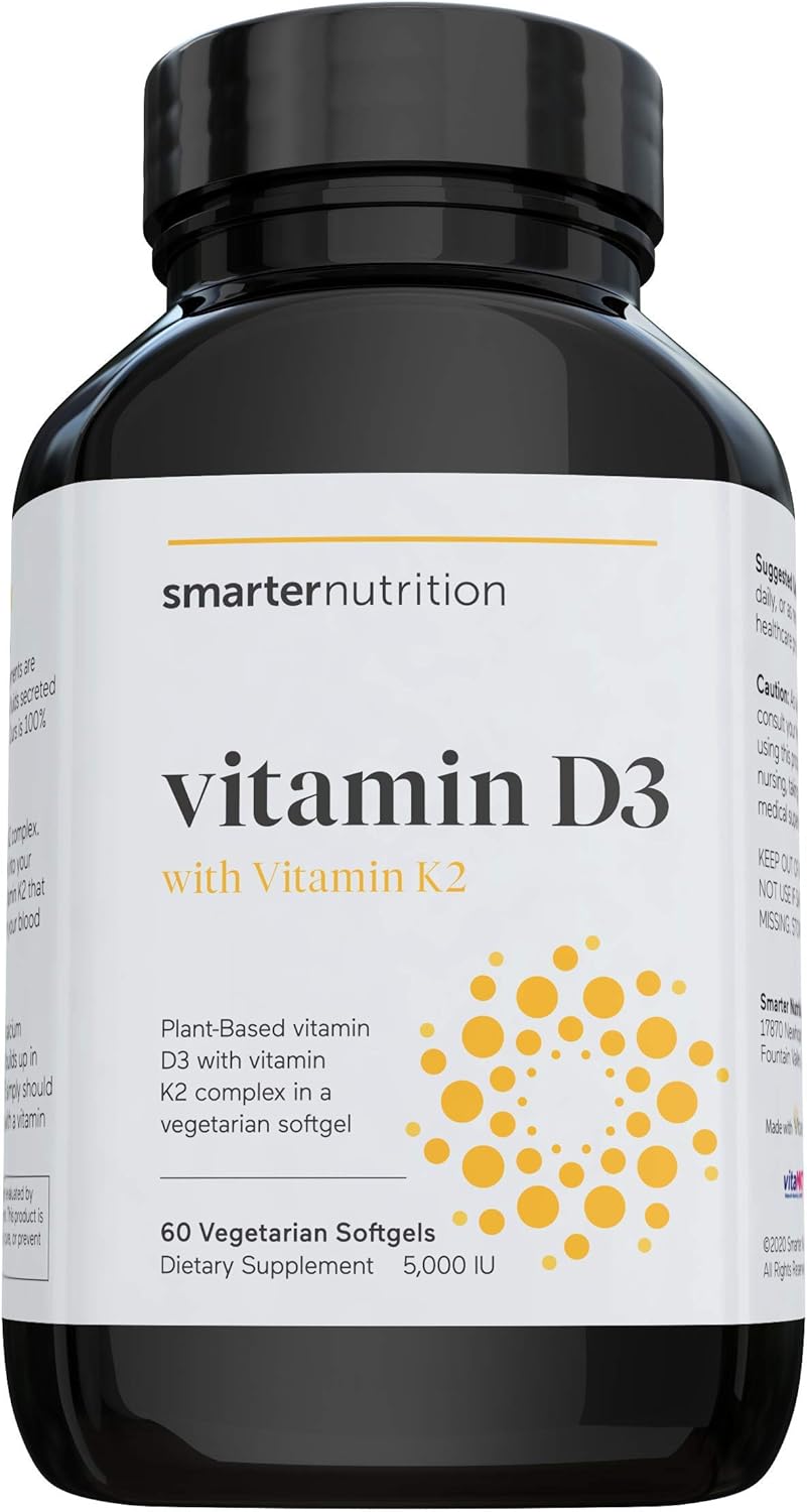 SMARTERNUTRITION Smarter Nutrition Plant-Based Vitamin D3 with Vegan K2-5000 IU for Immune Support, Bone Health & Arterial Protection in Vegetarian Softgels (60 Count (Pack of 1))