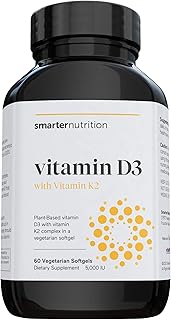 SMARTERNUTRITION Smarter Nutrition Plant-Based Vitamin D3 with Vegan K2-5000 IU for Immune Support, Bone Health & Arterial Protection in Vegetarian Softgels (60 Count (Pack of 1))