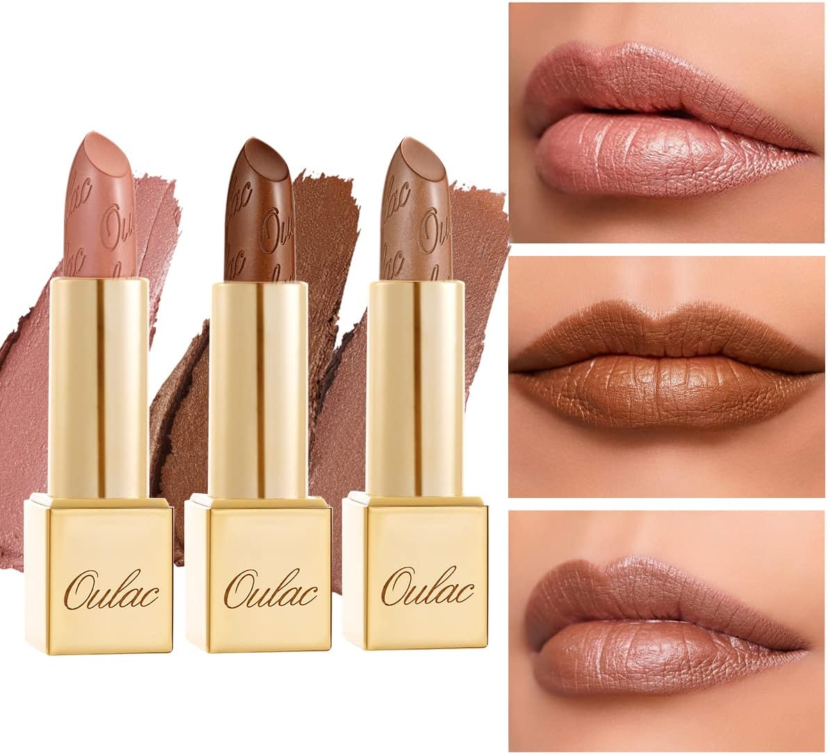OULAC Nude Lipstick Set for Women Glitter Long Lasting Lipsticks, High Impact, Ultra Hydrating Lip Color,Vegan & Cruelty-Free, Full-Coverage Lip 4.3 g*3 (Nude Set）