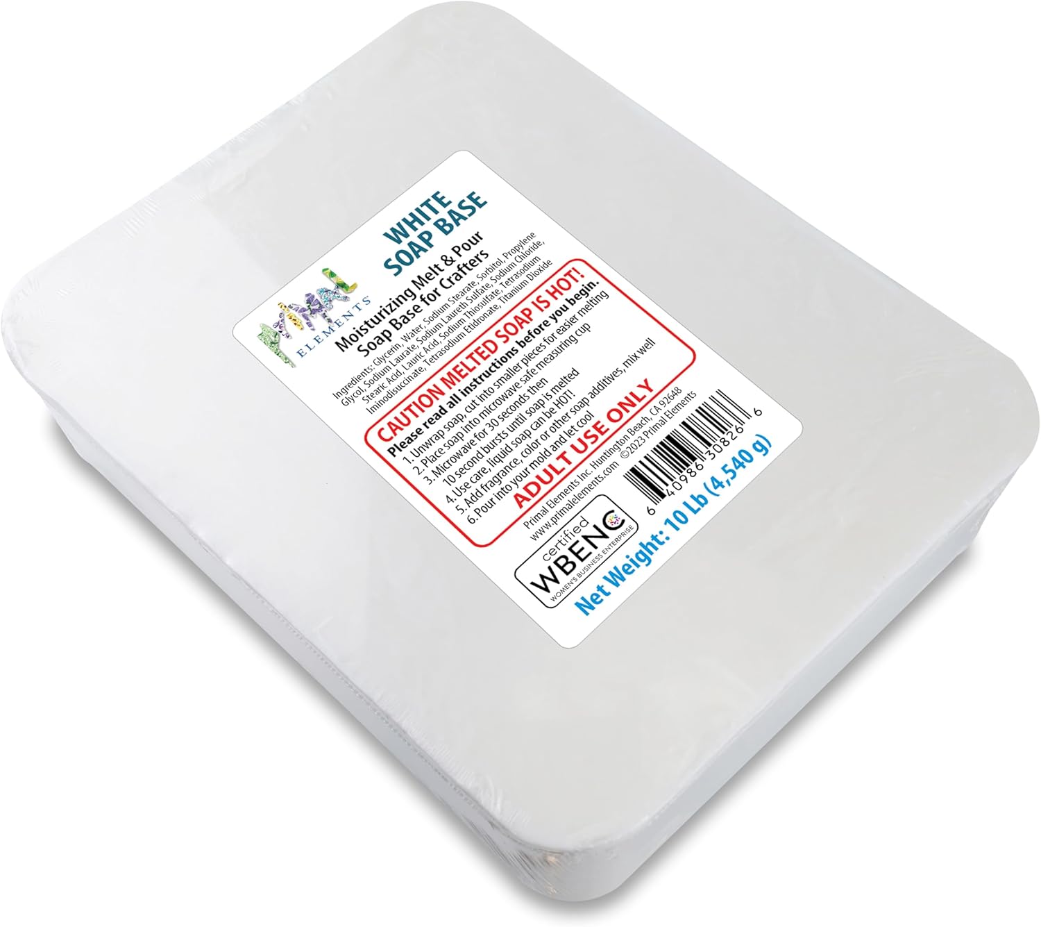 Primal Elements White Soap Base - Moisturizing Melt and Pour Glycerin Base for Crafting and Soap Making, Vegan, Cruelty Free, Easy to Cut, Unscented - 10 Pound, Pack of 1
