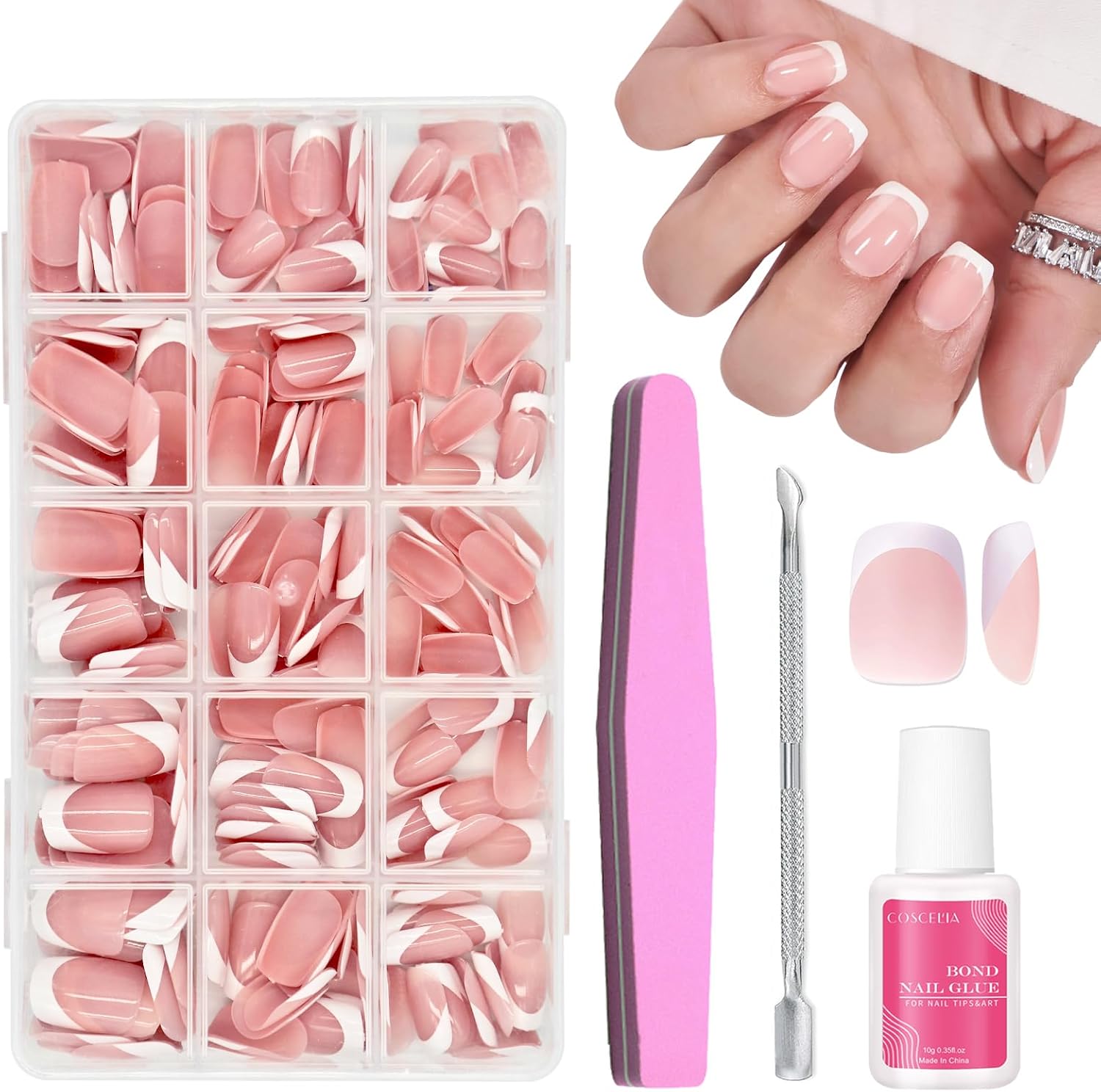 French False Nails - 240Pcs Square Press On Nails Short - Fake Nails White Tip French False Nail Kit - Full Cover Stick on Nail Flase Nail Art Manicure Decorations