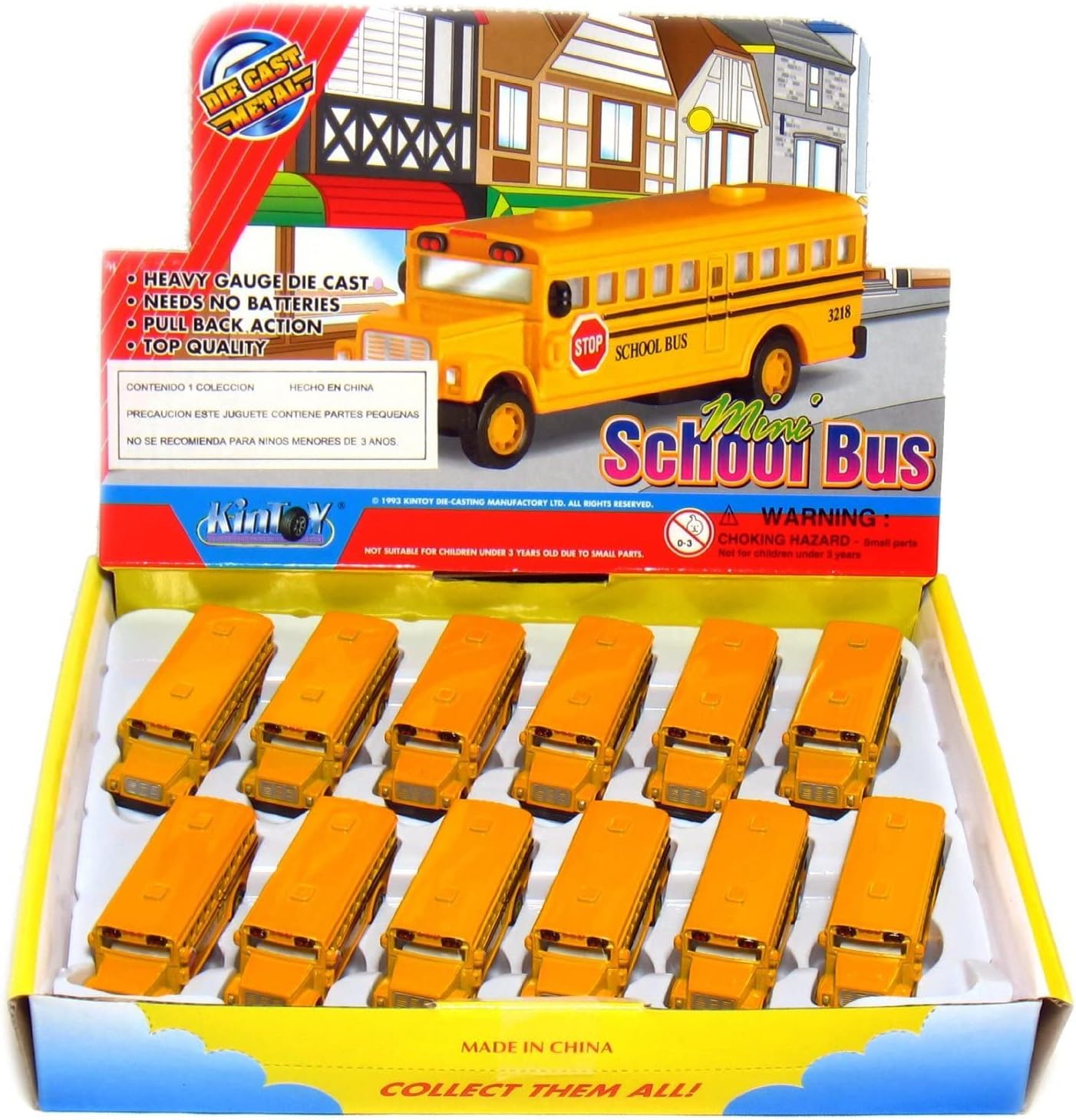 🚌 KiNSFUN Classic Long Nose School Bus 2½" Die Cast Metal w/ Pull Back Action 12 Pack