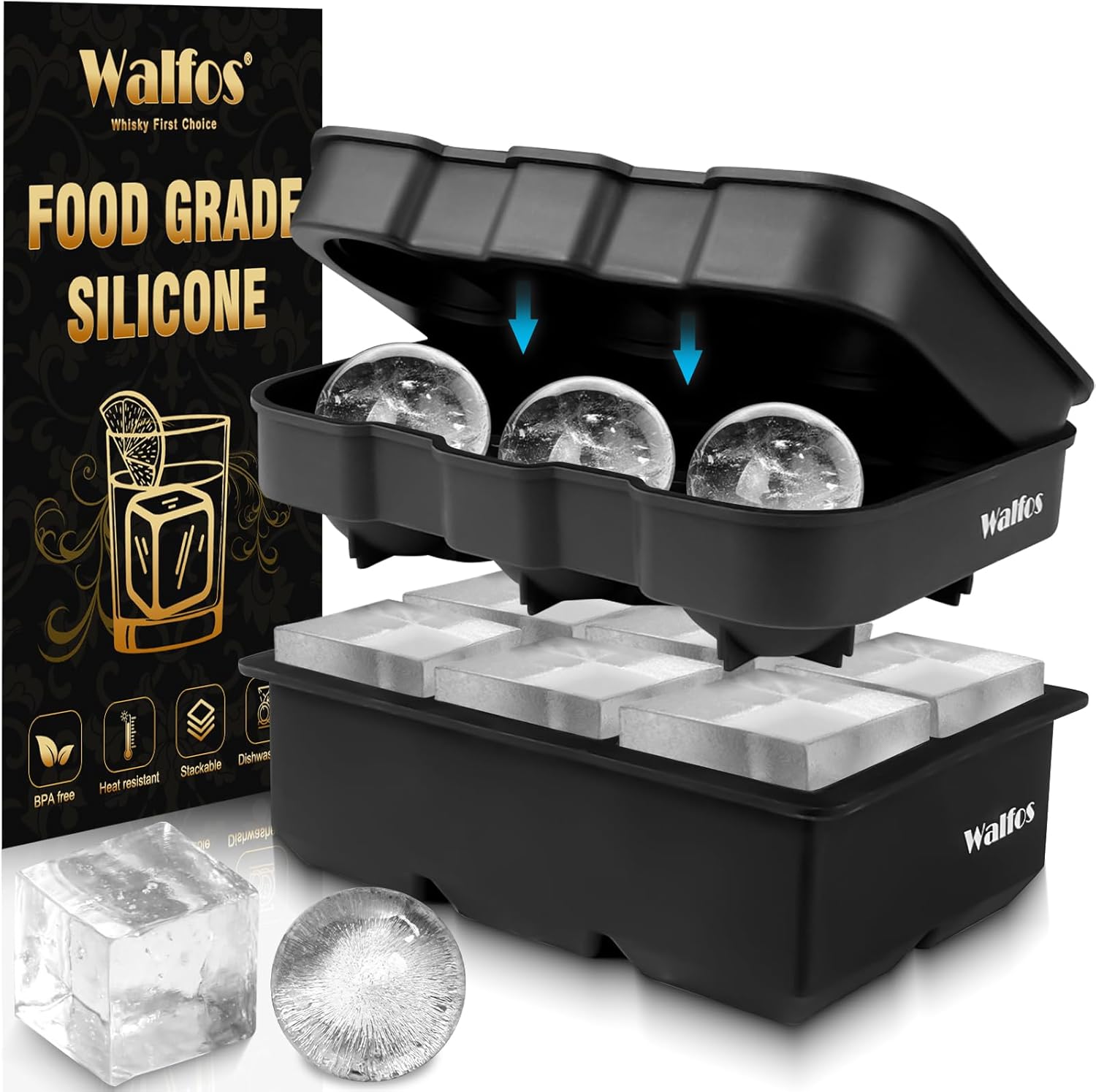 Walfos® Silicone ice Cube Moulds Set, Large Square Ice Cube Tray and Sphere Ice Ball, Easy to Pop Out, Prefect for for Whiskey, Cocktails, Baby Food, Reusable & BPA Free