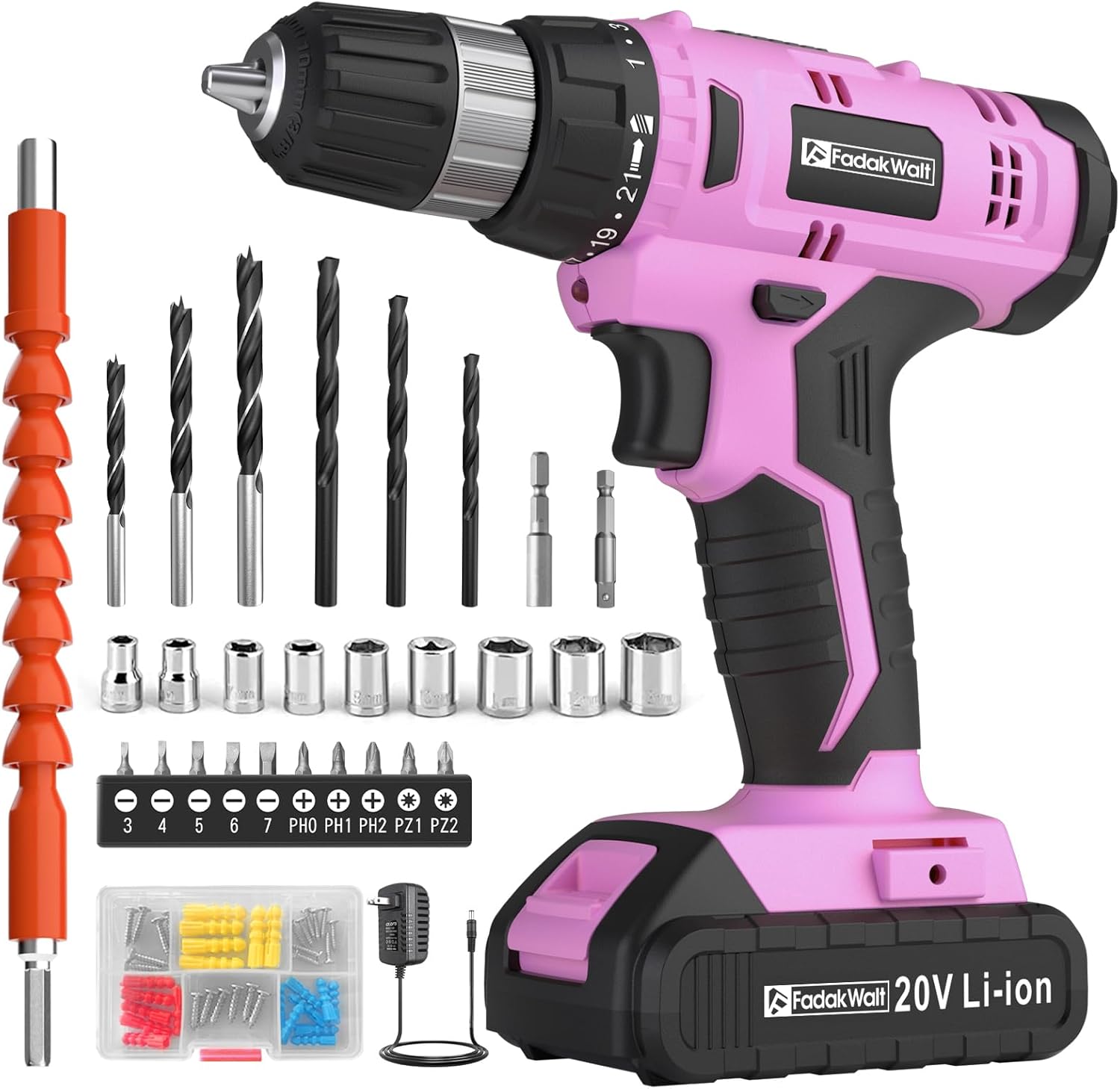 Cordless Drill Set, 20V Electric Power Drill With Battery And Charger, 30N Torque, 21+1 Settings, 3/8-Inch Keyless Chuck, Driver Bits Kit, LED Light (Pink)