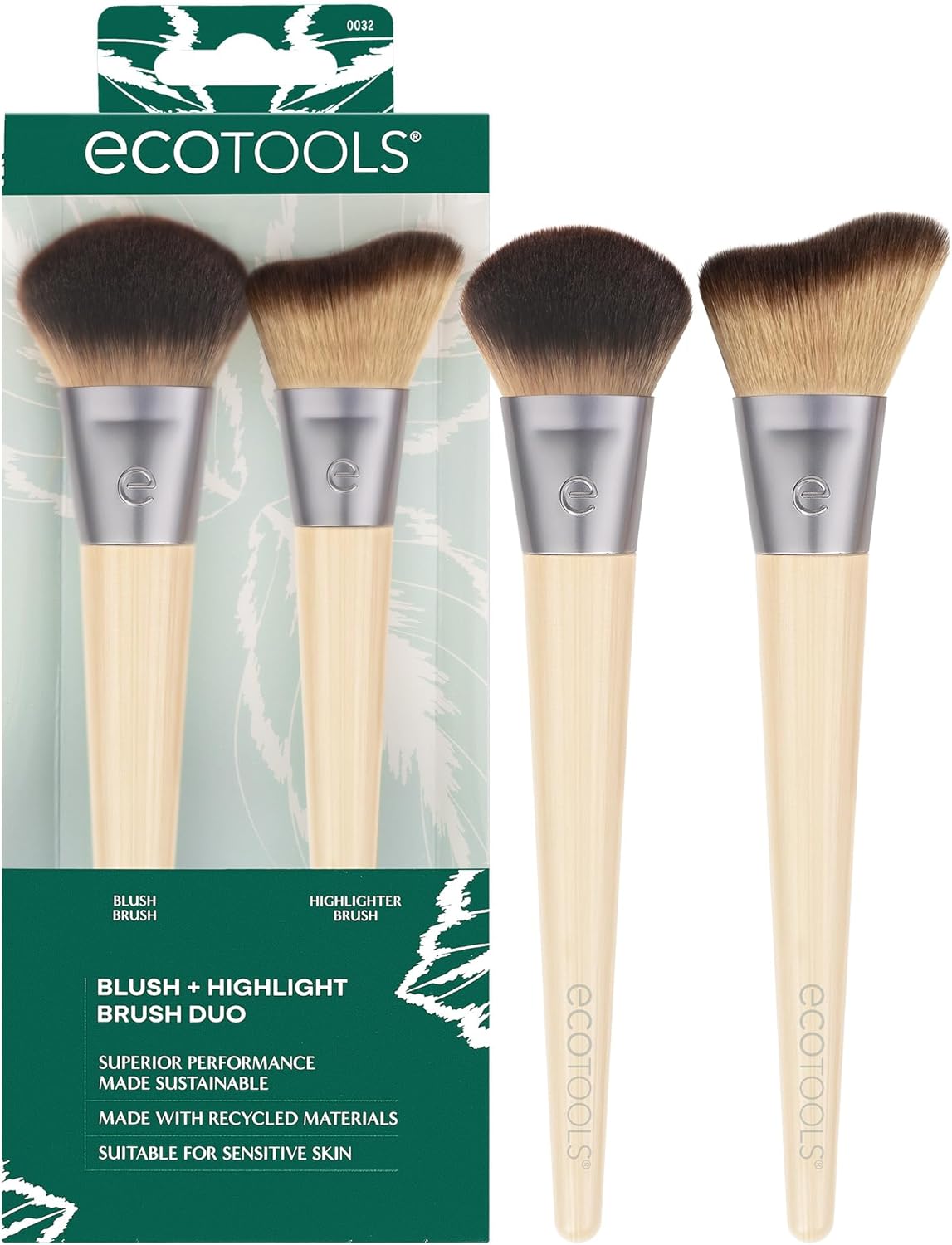 EcoTools New Natural Blush & Highlight Duo, Face Makeup Brushes For Powder Makeup, Dense, Synthetic Bristles For Enhancing Skin, Vegan & Cruelty-Free, 2 Count