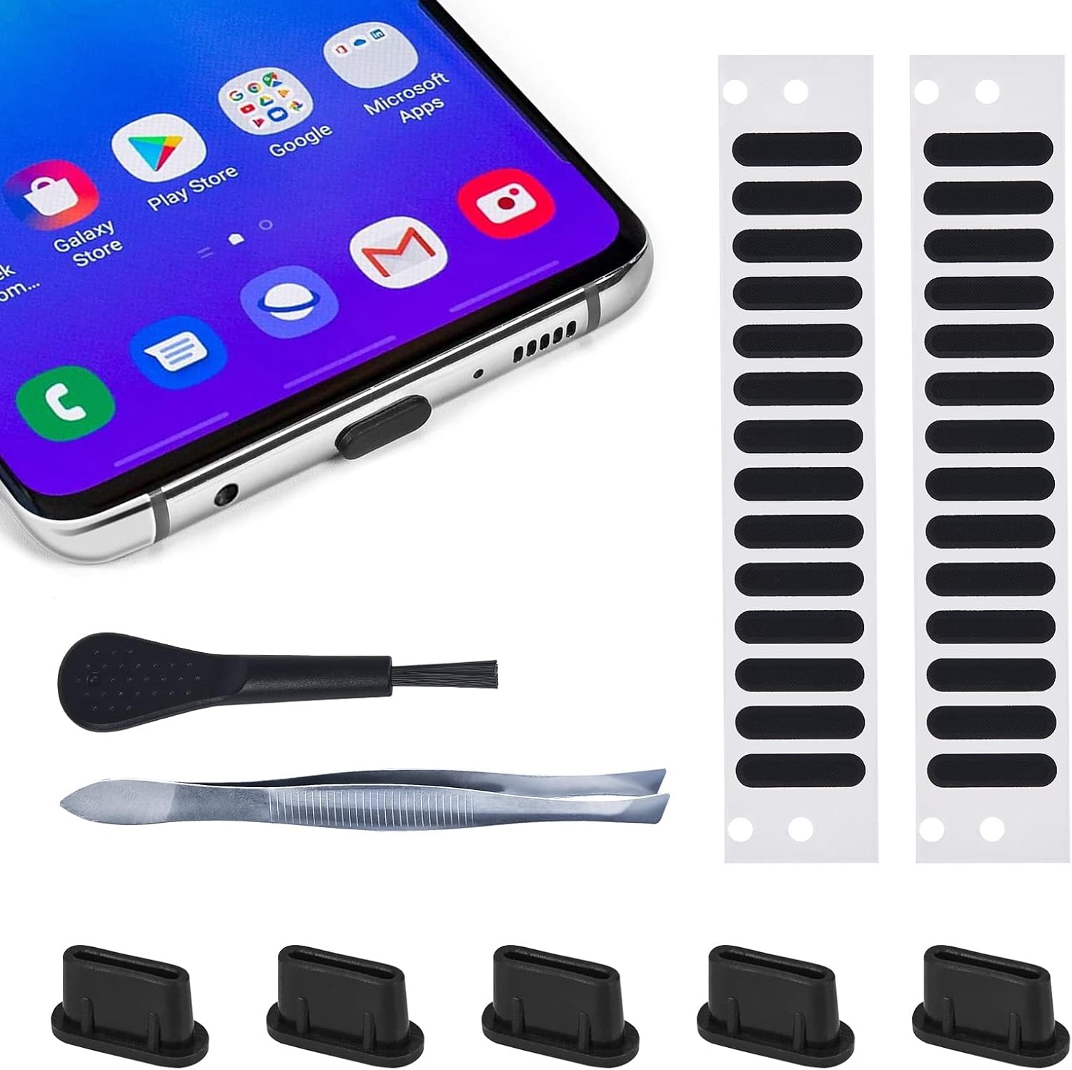 5PCS USB C Dust Plug & 28x Phone Speaker Mesh Dustproof Net Adhesive Stickers for iPhone 15 Plus Pro Max, Samsung Galaxy S23, S22, S21, S20, S10e, LG, Any Type-C Port, Anti Dust Kit with Tweezer
