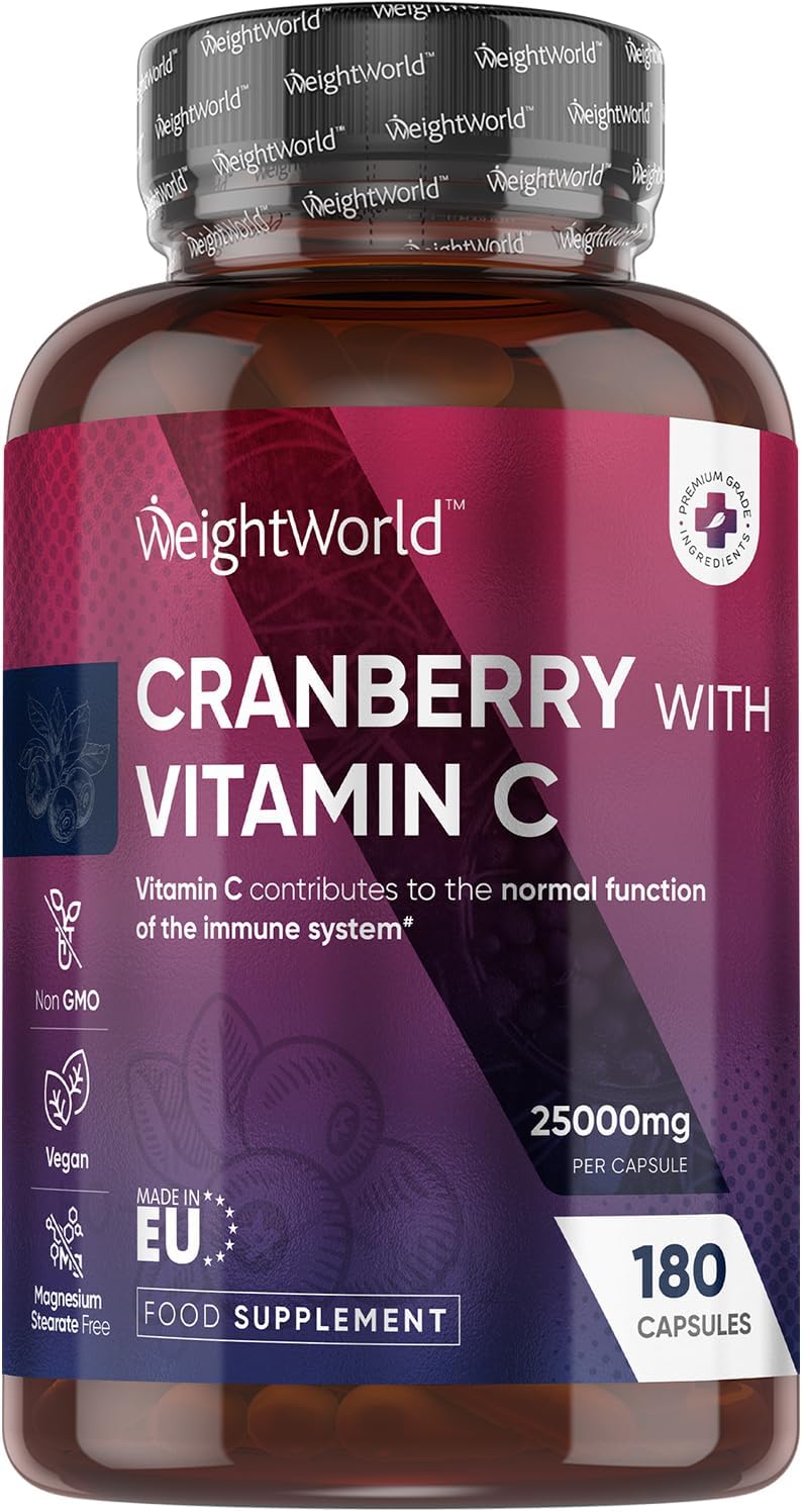 Cranberry Capsules - 180 Capsules - Upto 6 Months Supply - Cranberry Supplements - with Added Vitamin C - Magnesium Stearate-Free - Non-GMO & Vegan-Friendly