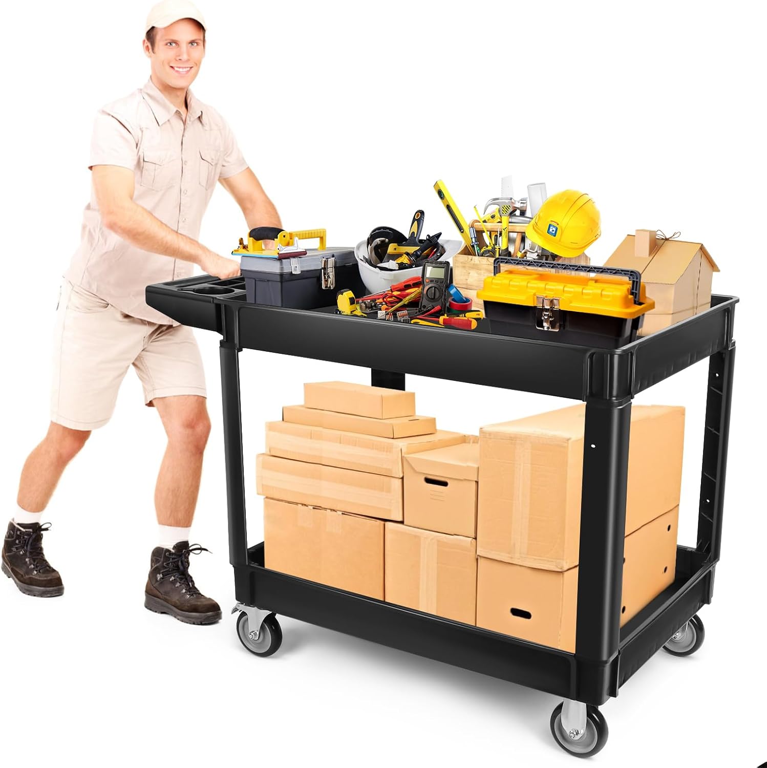 550lbs Heavy Duty Utility Cart on Wheels, Kalolary 2 Tier Extra Capacity Rolling Trolley Cart Multi-Purpose Large Service Cart with Handle Black Storage Organizer Mobile Tool for Warehouse