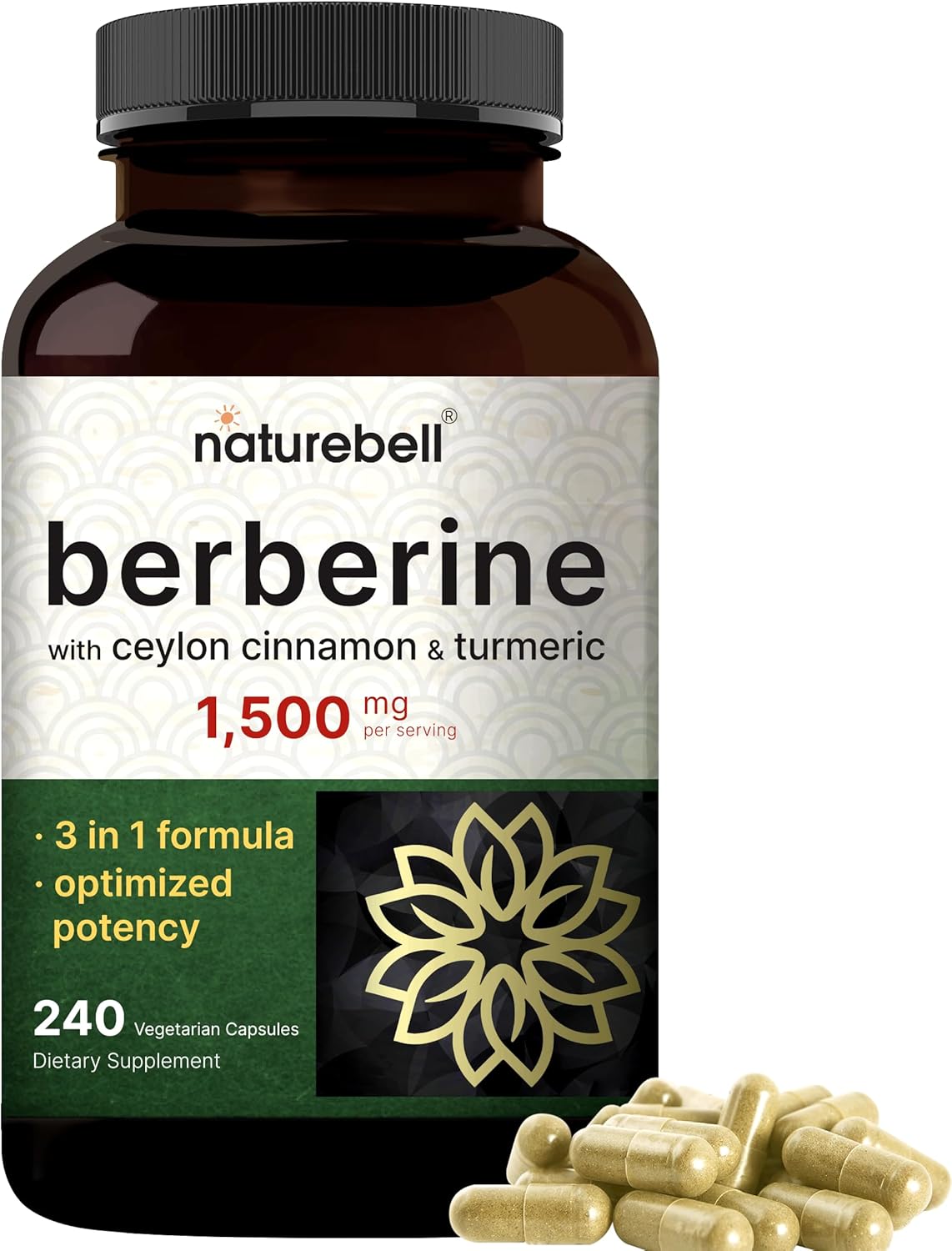 Berberine Supplement 1500mg with 1000mg Ceylon Cinnamon & 300mg Turmeric, 240 Veggie Capsules | 97% Pure Berberine HCL | Supports Balanced Sugar Levels & Heart Health | Vegan, Non-GMO
