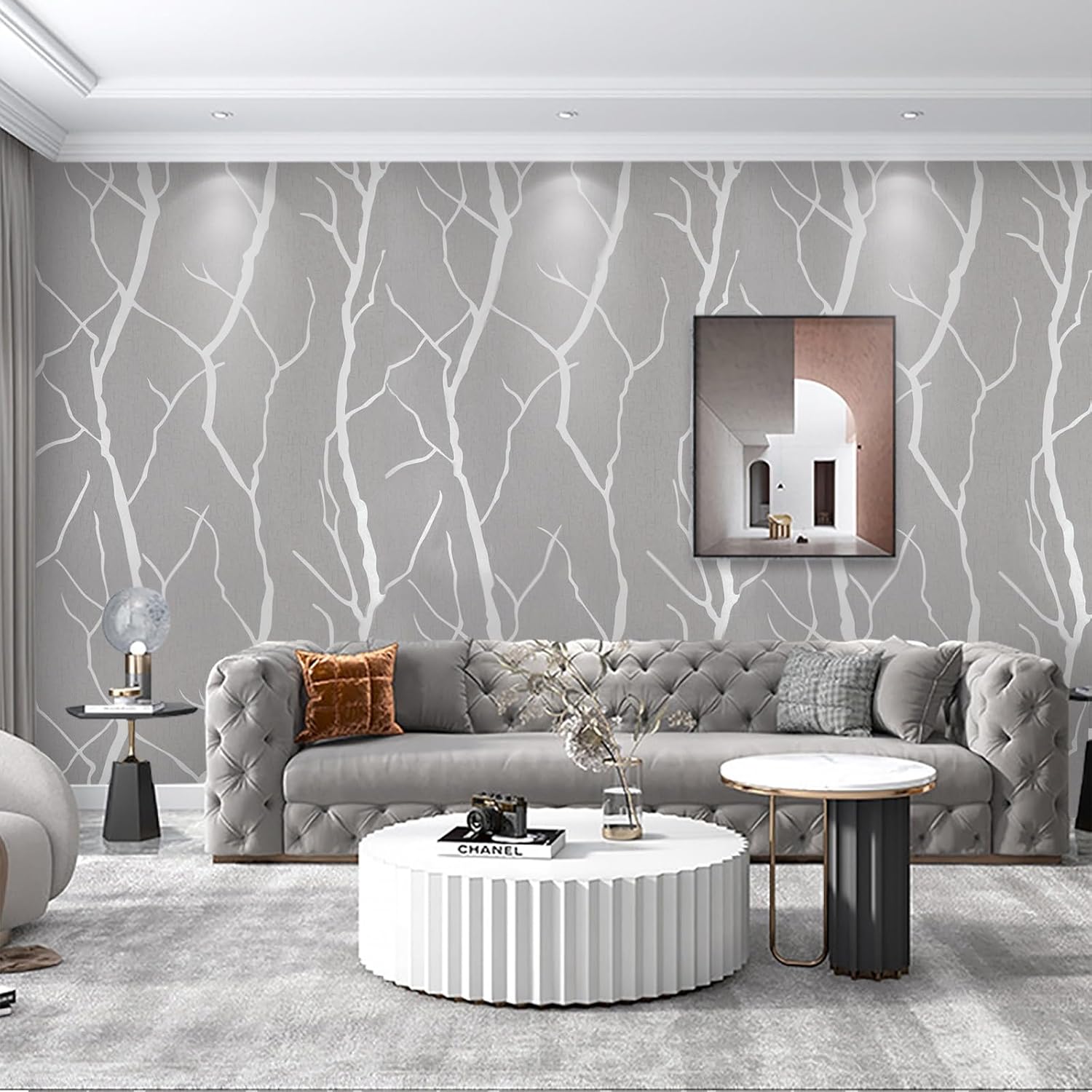 Trafagala Non-Woven White and Grey Wallpaper 3D Embossed Striped Feature Branch Glitter Wallpaper Flocking Textured Wallpapers Modern Minimalist for Bedroom Living Room TV Backdrop Hallway Hall Lounge
