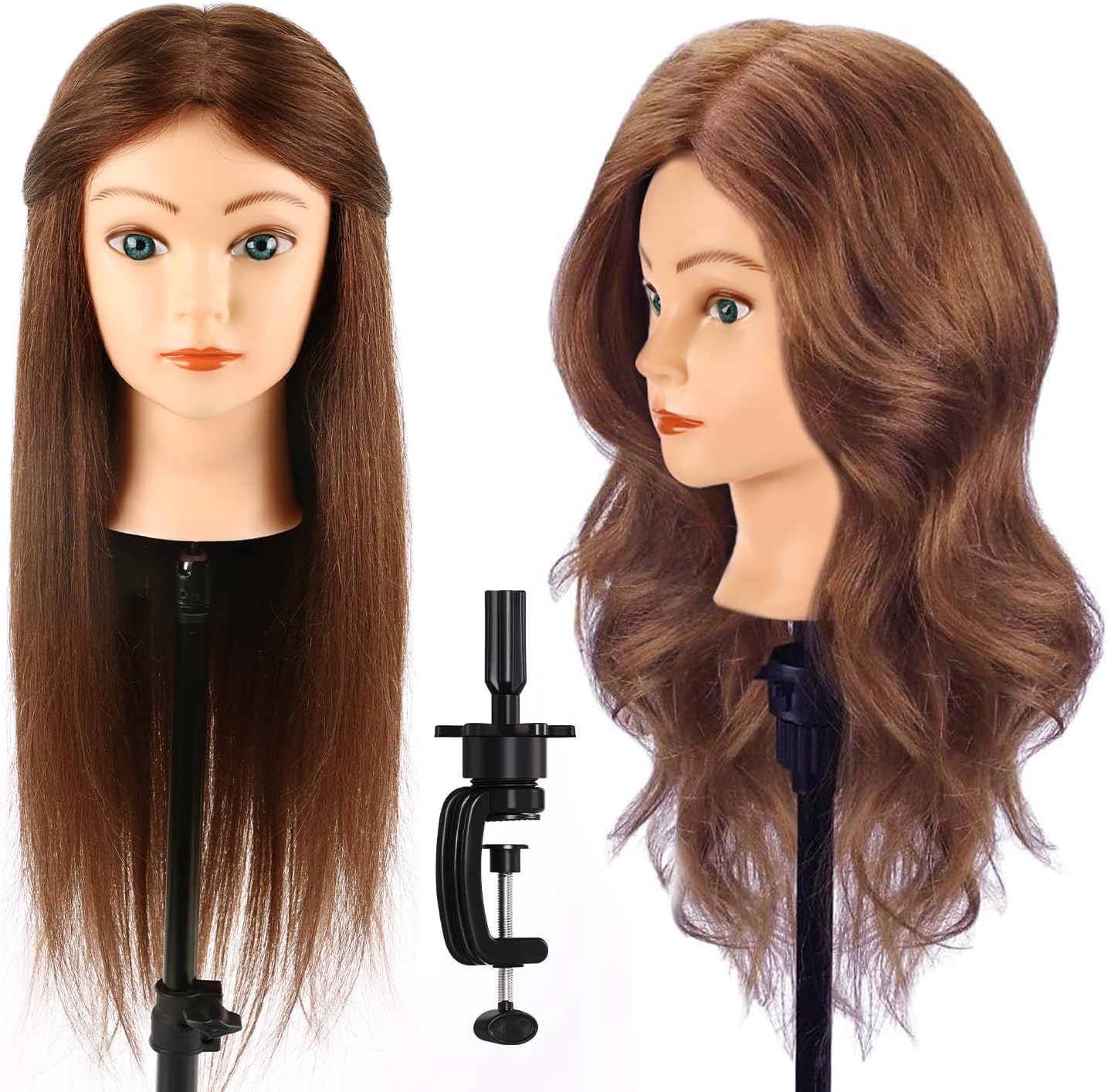 TopDirect Training Head 18inch 100% Real Hair Cosmetology Hairdressing Mannequin Manikin Doll with Table Clamp Holder + Braid Set (Dark Brown with Blue Eyes)