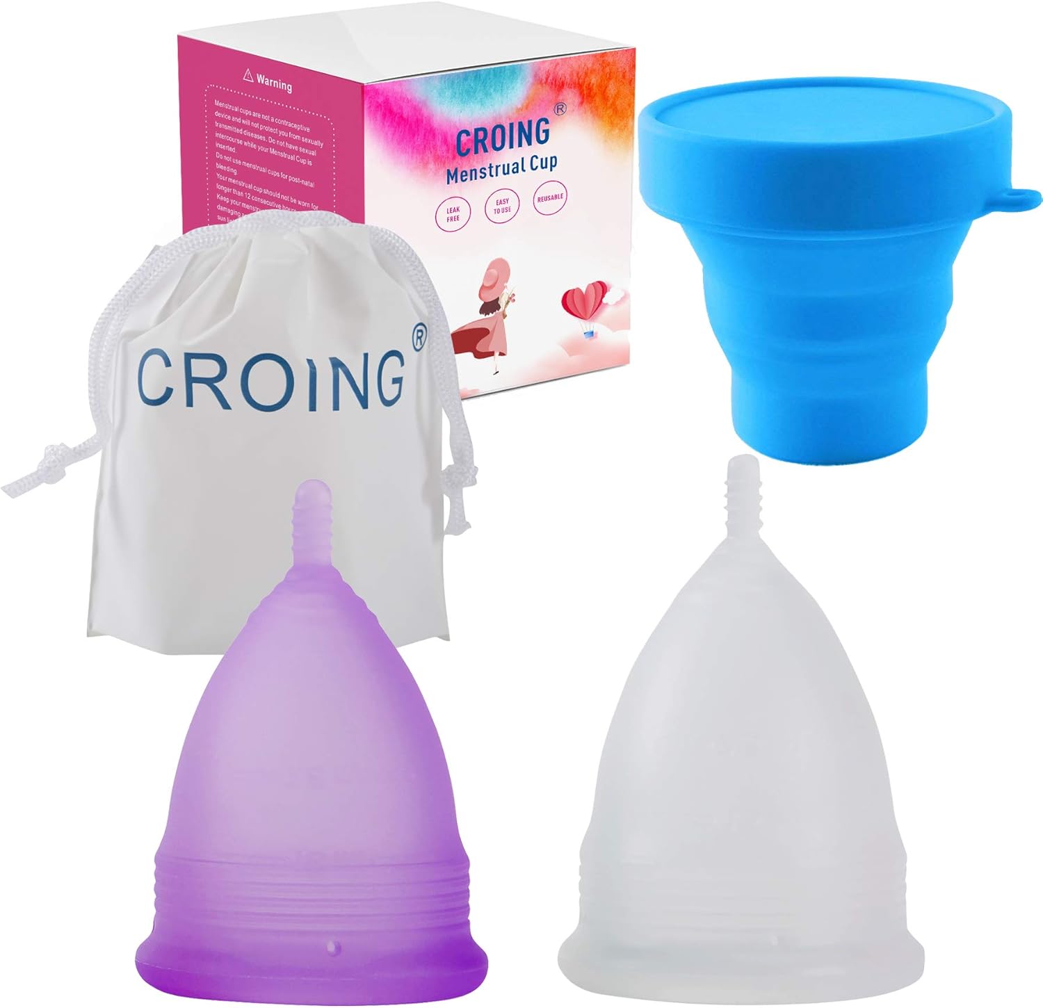 CROING 𝙋𝙚𝙧𝙞𝙤𝙙 𝘾𝙪𝙥 Reusable 2 pcs Menstrual Cups with 1 pc Silicone Cup and 1 pc Storage Bag, Period Cup