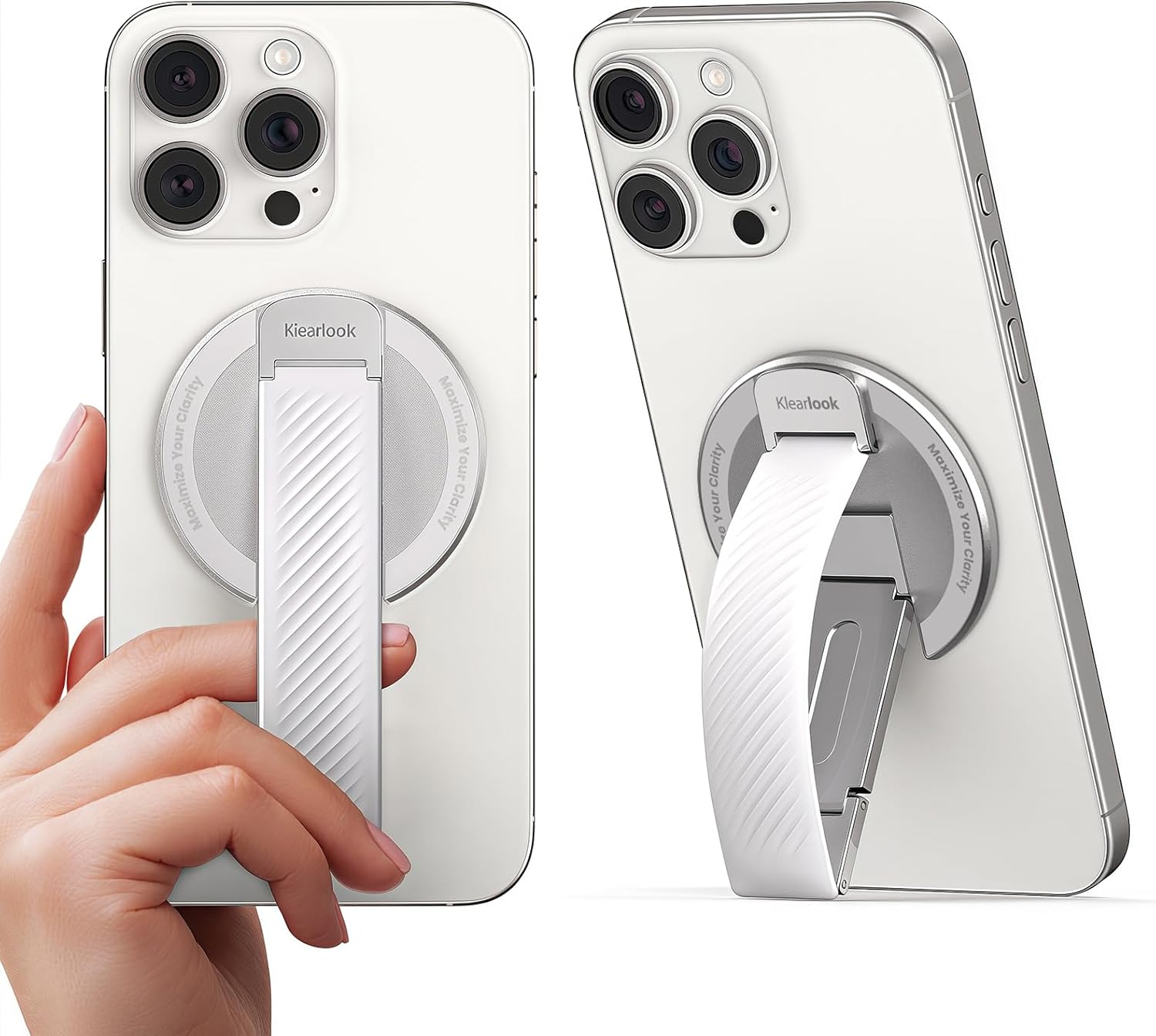 2025 Klearlook for MagSafe Phone Grip with Silicone Finger Strap, Removable Magnetic Phone Ring Holder with Adjustable Kickstand, Finger Phone Ring Grip for iPhone 16/15/14/13/12 Series, White