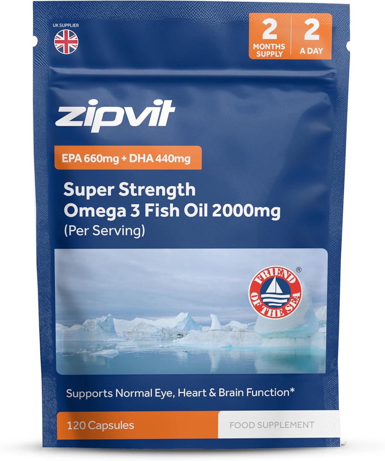 Zipvit Omega 3 Fish Oil 2000mg per Serving Including EPA 660mg DHA 440mg, 120 Softgel Capsules in Pouch, 2 Months Supply, High Strength, Supports Heart and Brain Function