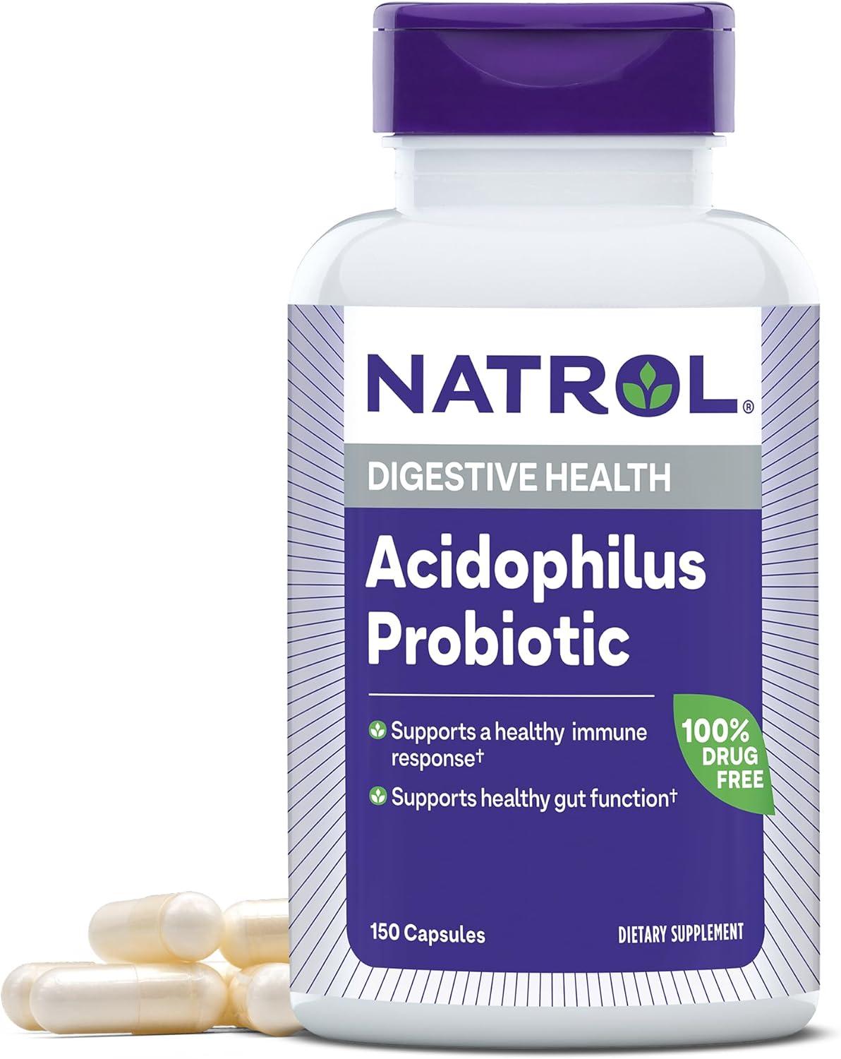 Natrol Acidophilus Probiotic 100 mg, Dietary Supplement for Healthy Gut Function, Digestive Health Capsules for Adults, 150 Capsules, Up to a 50 Day Supply