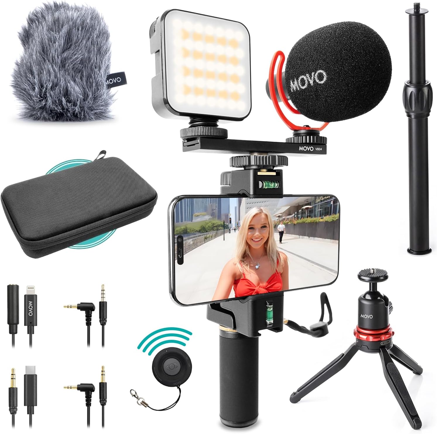 Movo iVlogger-PRO Vlogging Kit for iPhone/Android - YouTube Starter Kit for Content Creators - Accessories: Phone Tripod, Phone Mount, RGB Light and VXR10 Shotgun Mic