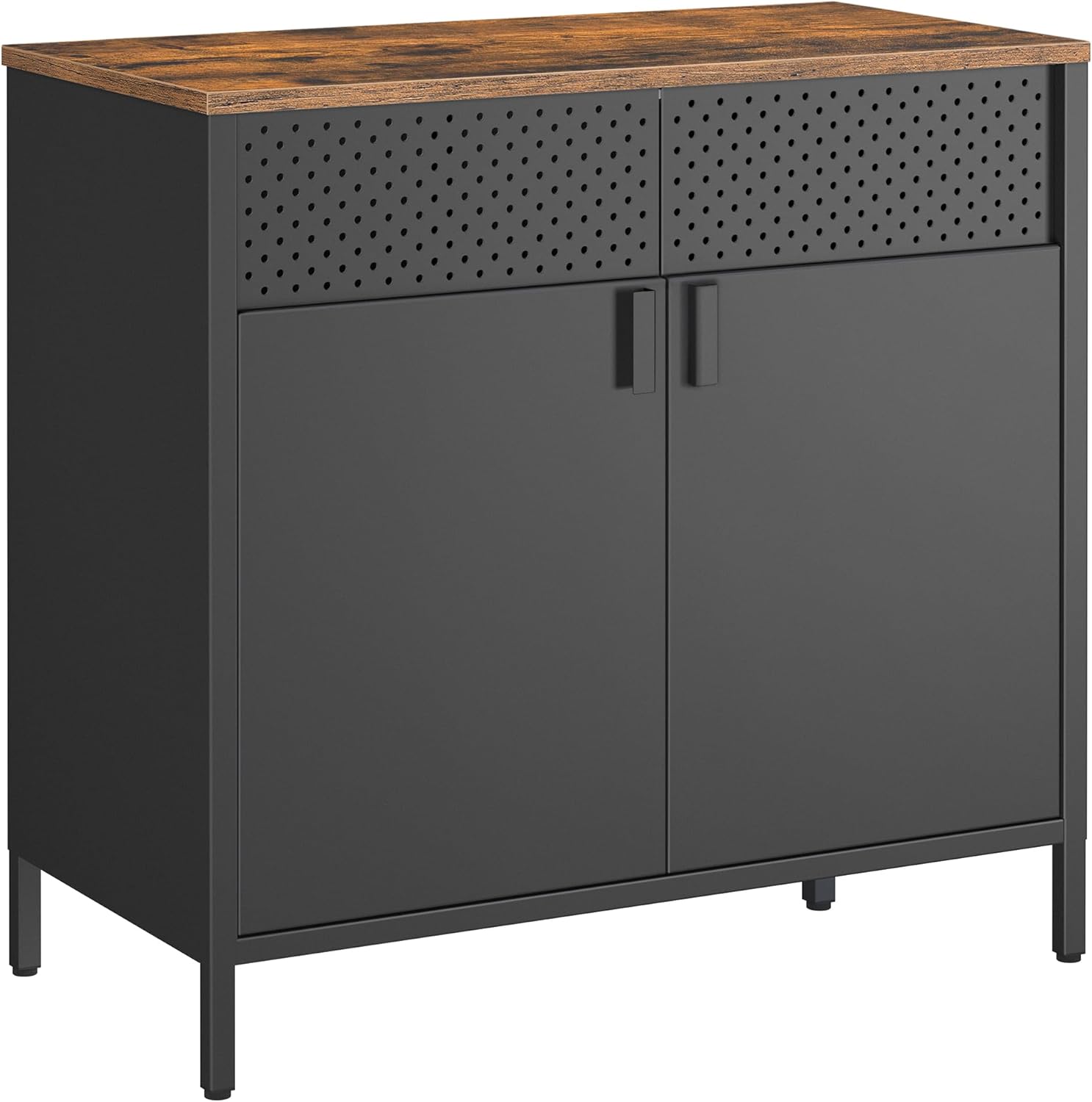 SONGMICS Storage Cabinet, Metal Cabinet with Double Doors, Magnetic Closure, Adjustable Shelf, Steel Frame, Rustic Brown and Black LSC102B01