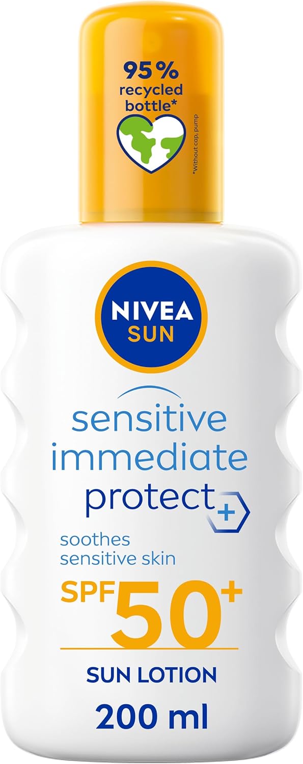 NIVEA SUN Protect and Sensitive Sun Spray (200 ml), Sunscreen with SPF50, Suncream for Sensitive Skin with Aloe Vera, Immediately Protects Against Sun Exposure