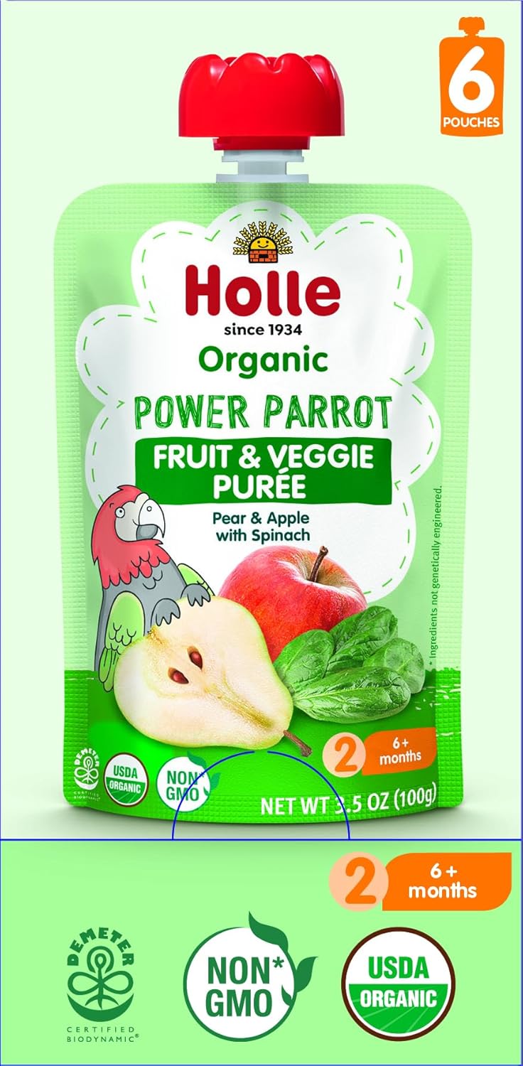 Holle Organic Baby Food Pouches - Power Parrot Baby Puree with Pear, Apple & Spinach - (6 Pack) Organic Baby Snacks + Fruit and Veggie Pouches for Weaning Babies 6 Months and Older