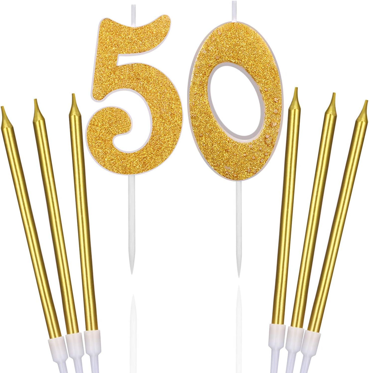 BBTO 50th Glitter Birthday Cake Candles Shining Numeral Candles Cake Topper Decoration and 6 Pieces Spiral Cake Candles with Holders for Birthday Party Wedding Cake Decorations,Gold,5 centimeters
